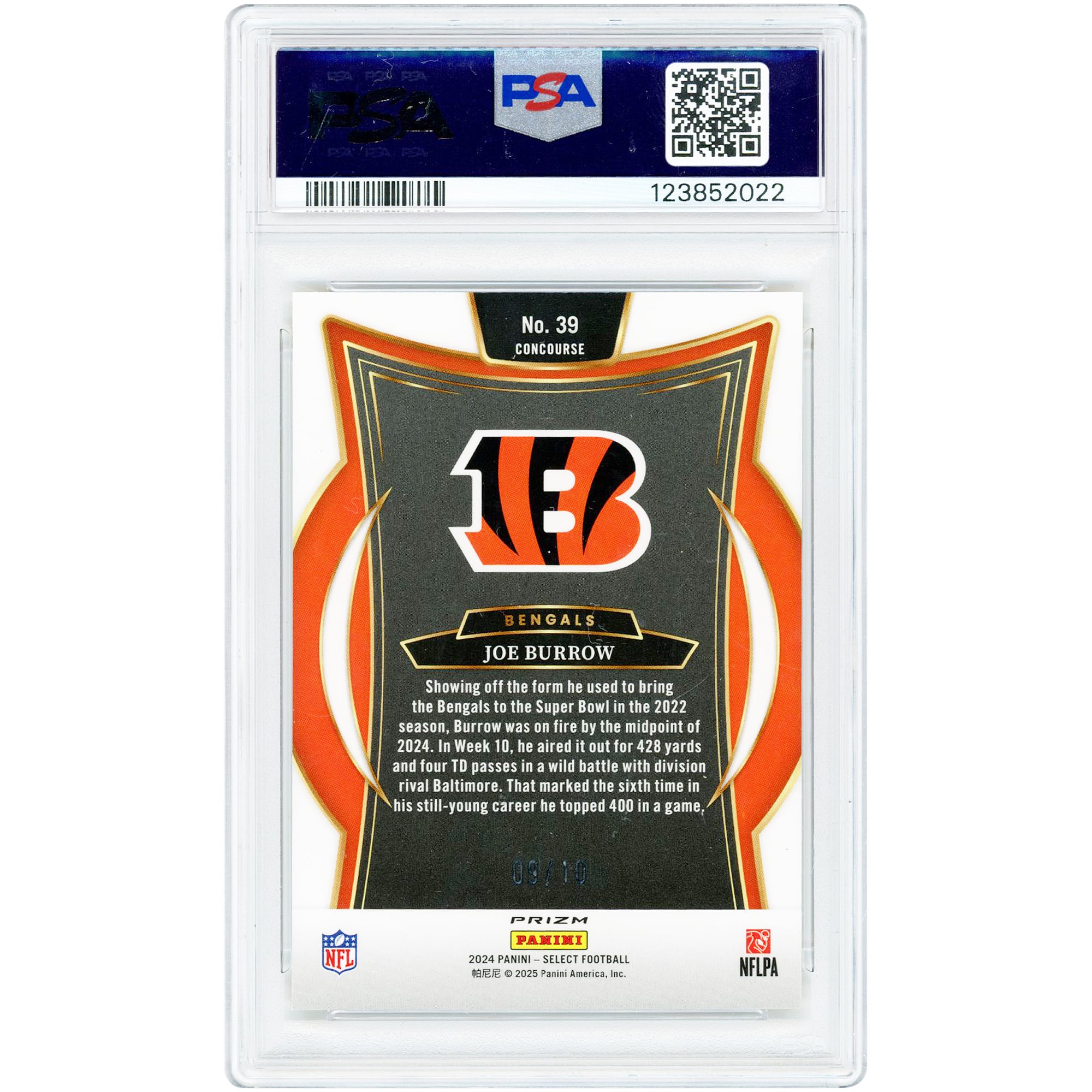 Joe Burrow Cincinnati Bengals 2024 Panini Select Gold Disco Prizm Jersey Match #39 #9/10 PSA Authenticated 10 Card