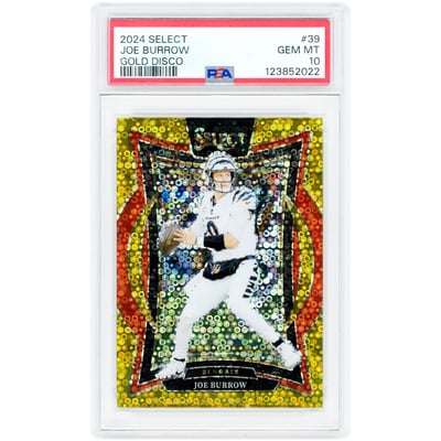 Joe Burrow Cincinnati Bengals 2024 Panini Select Gold Disco Prizm Jersey Match #39 #9/10 PSA Authenticated 10 Card