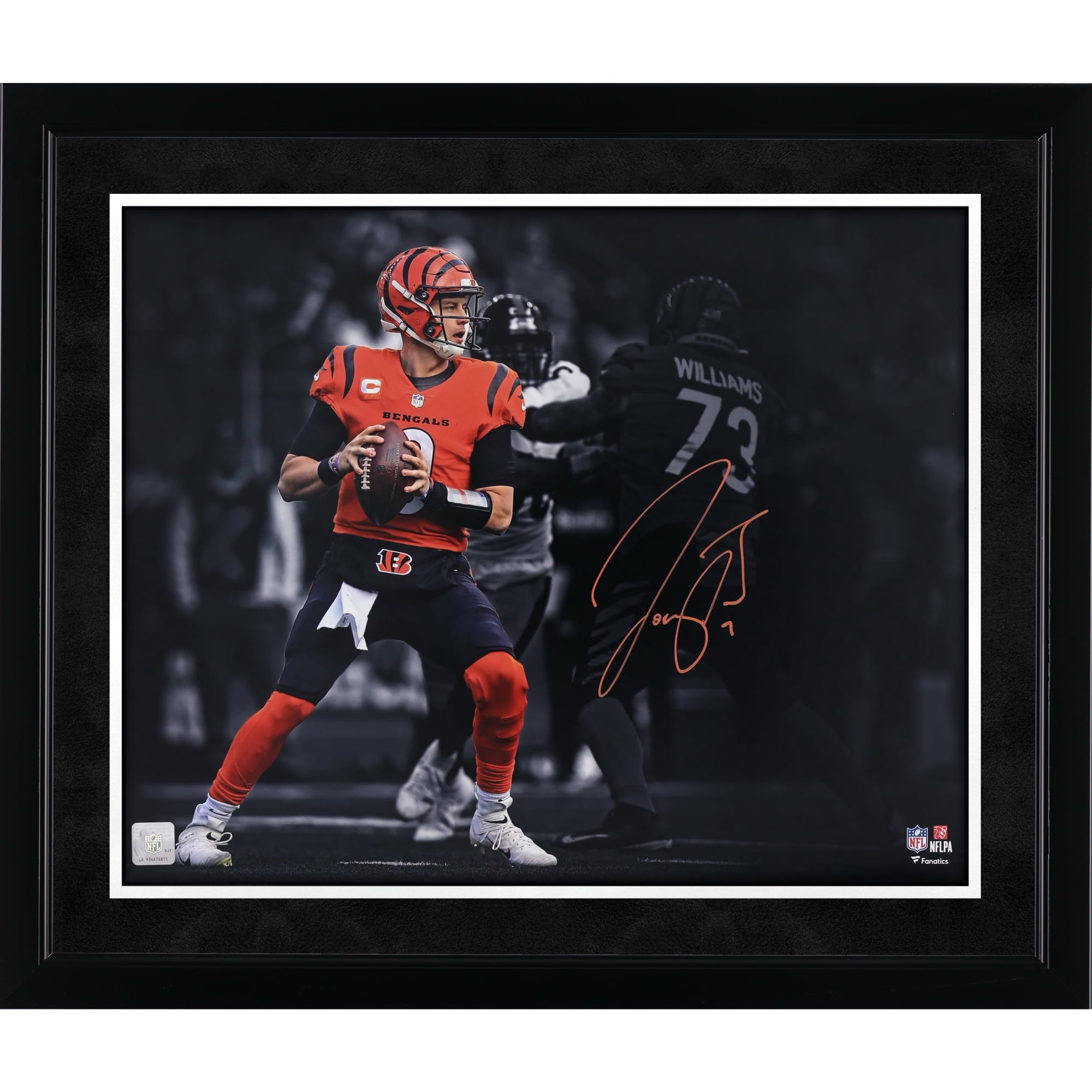 Joe Burrow Cincinnati Bengals Autographed 16" x 20" Orange Passing Spotlight Photograph