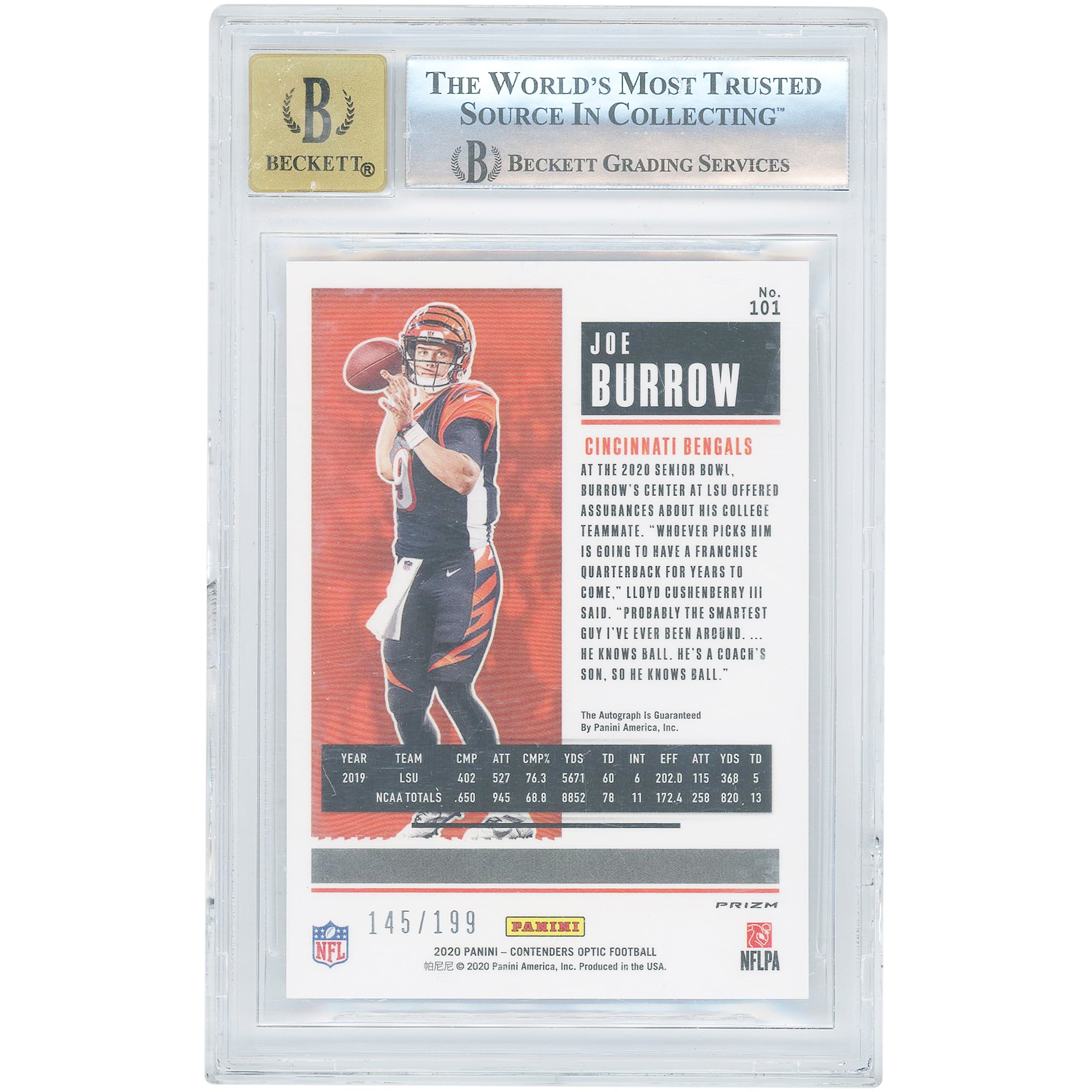 Joe Burrow Cincinnati Bengals Autographed 2020 Panini Contenders Optic Red #101 #145/199 BGS Authenticated 9/10 Rookie Card - 9.5,9,9.5,9 Subgrades