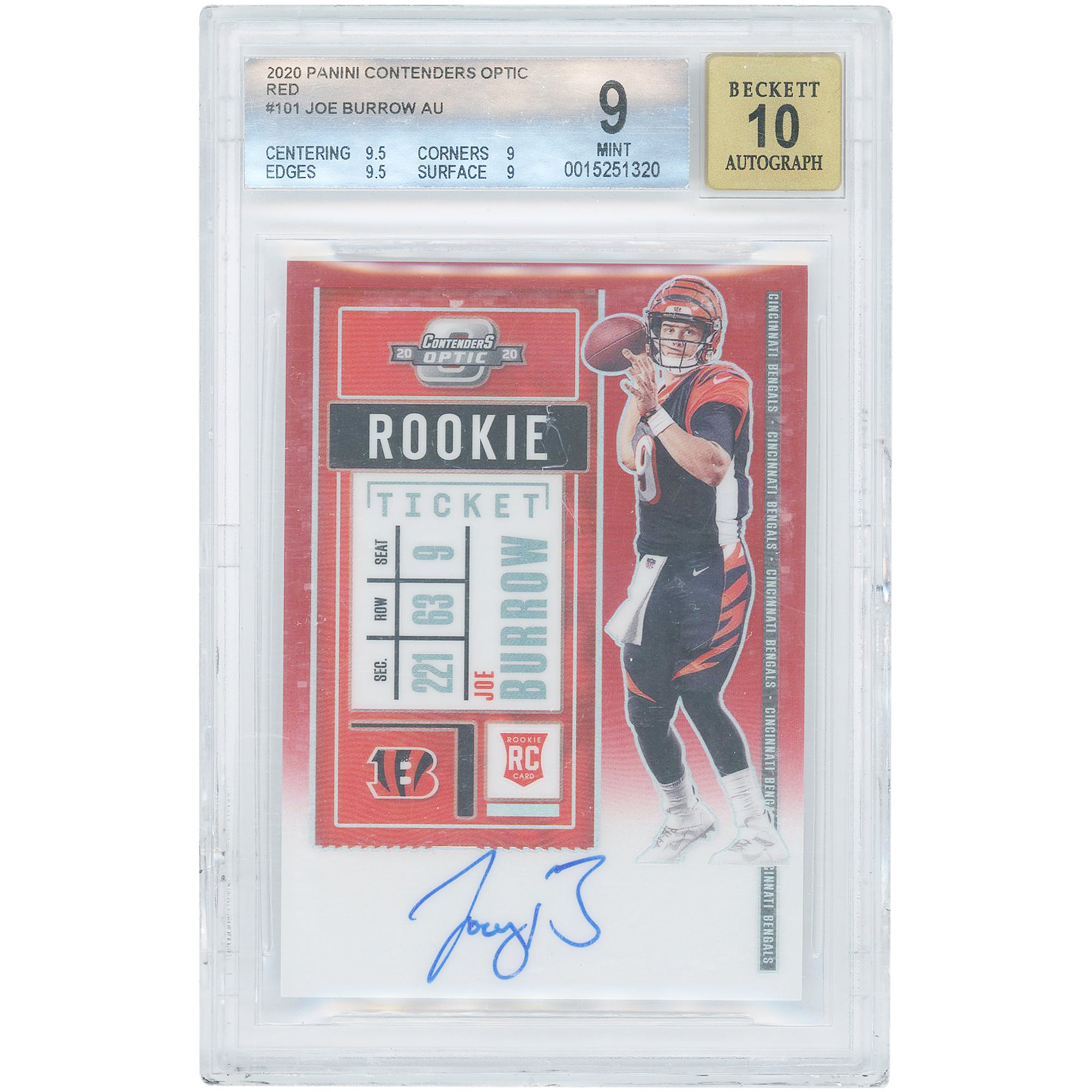 Joe Burrow Cincinnati Bengals Autographed 2020 Panini Contenders Optic Red #101 #145/199 BGS Authenticated 9/10 Rookie Card - 9.5,9,9.5,9 Subgrades