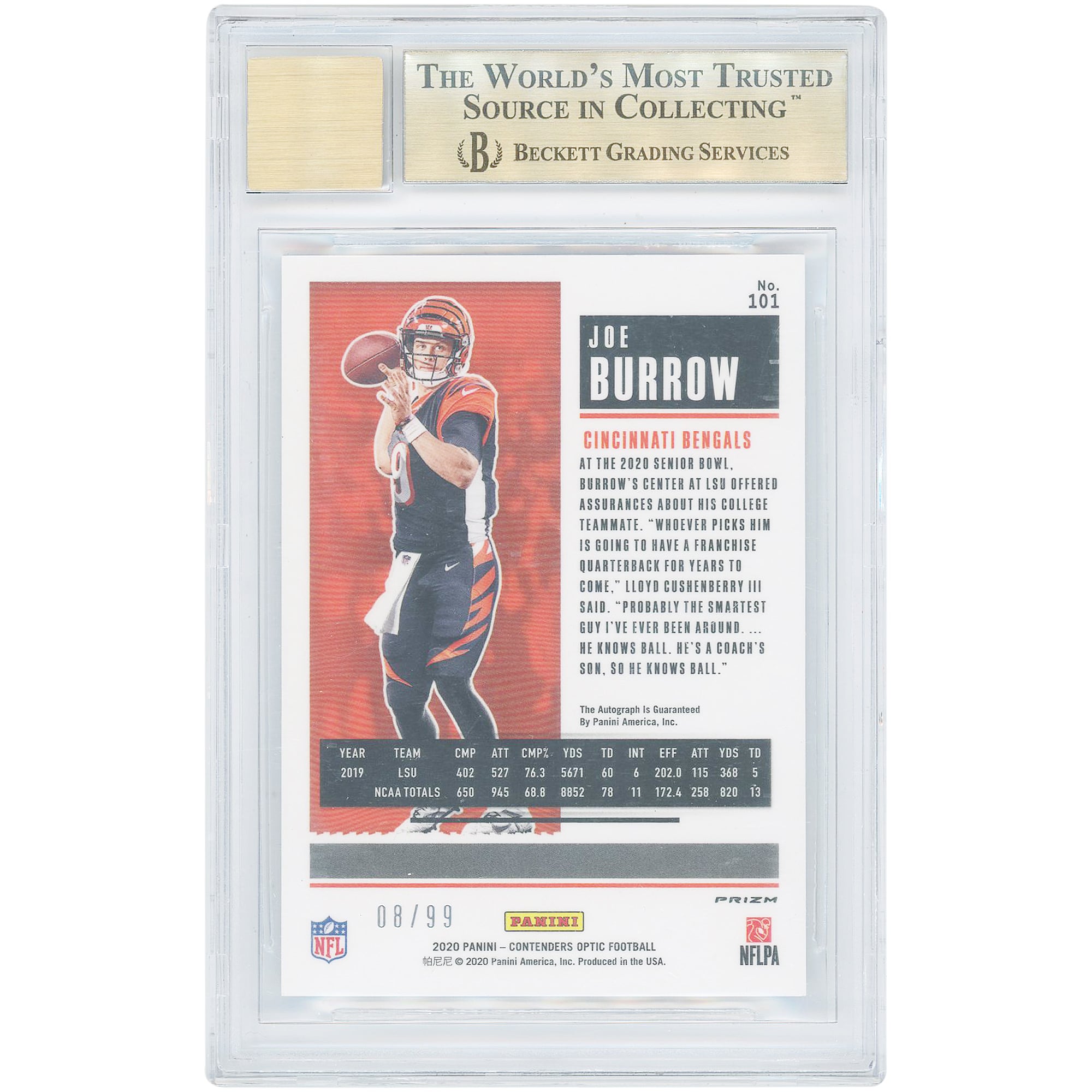 Joe Burrow Cincinnati Bengals Autographed 2020 Panini Contenders Optic Teal #101 #08/99 BGS Authenticated 9.5/10 Rookie Card - 9.5,9.5,9.5,9.5 Subgrades