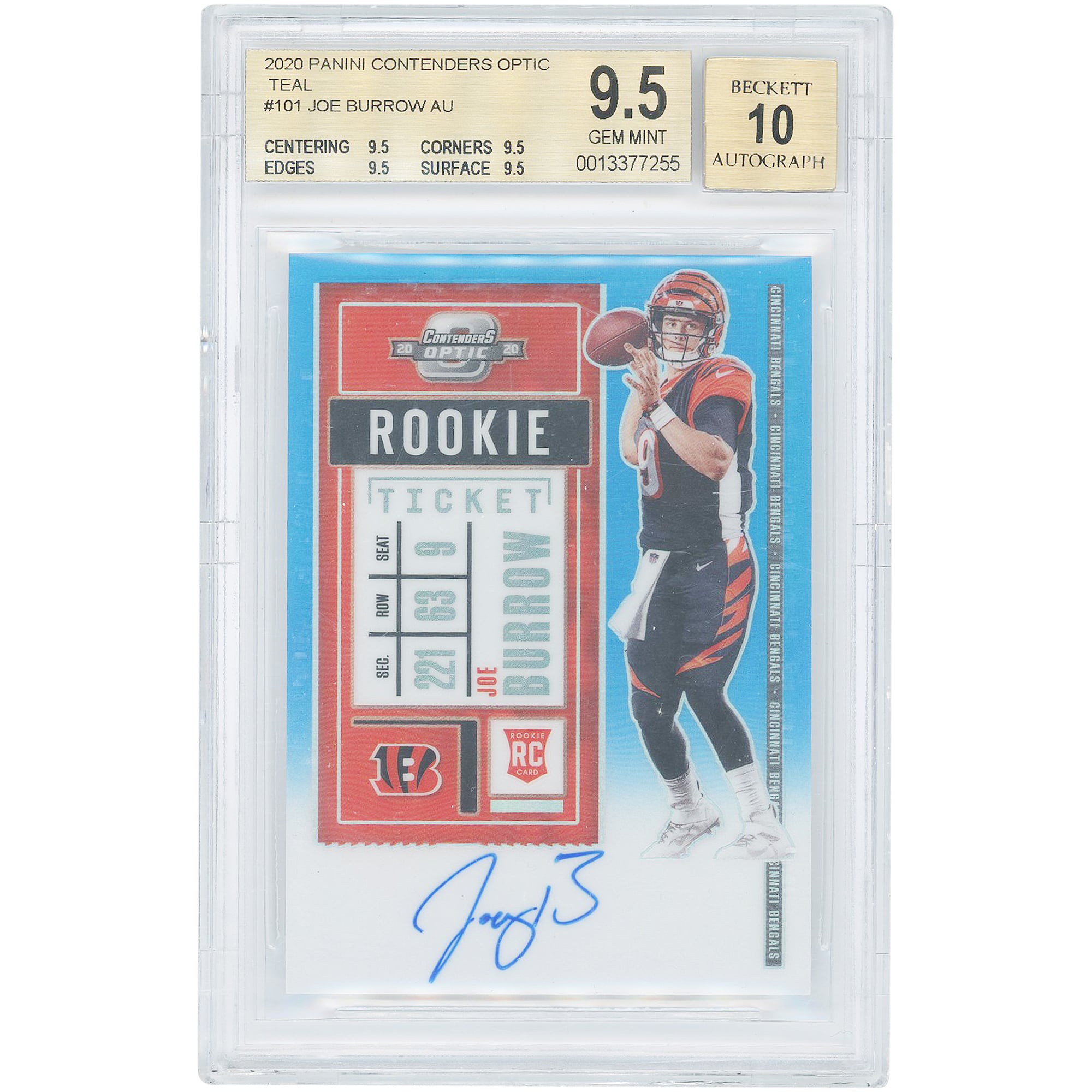 Joe Burrow Cincinnati Bengals Autographed 2020 Panini Contenders Optic Teal #101 #08/99 BGS Authenticated 9.5/10 Rookie Card - 9.5,9.5,9.5,9.5 Subgrades