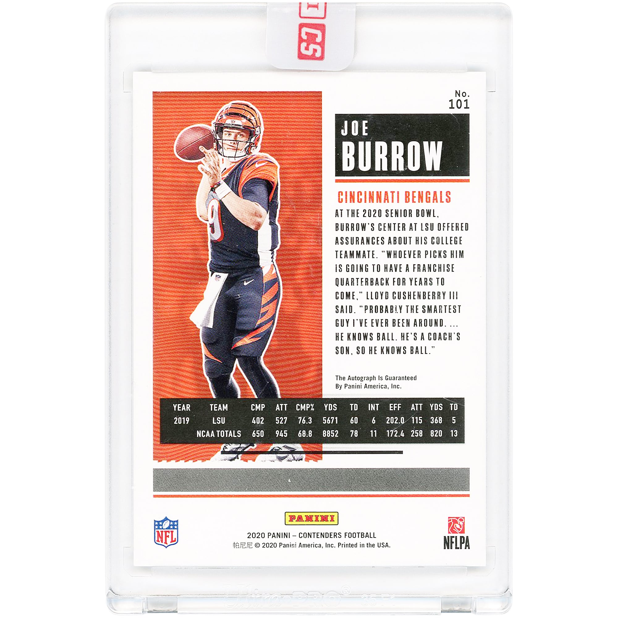 Joe Burrow Cincinnati Bengals Autographed 2020 Panini Contenders Rookie Ticket #101 Rookie Card