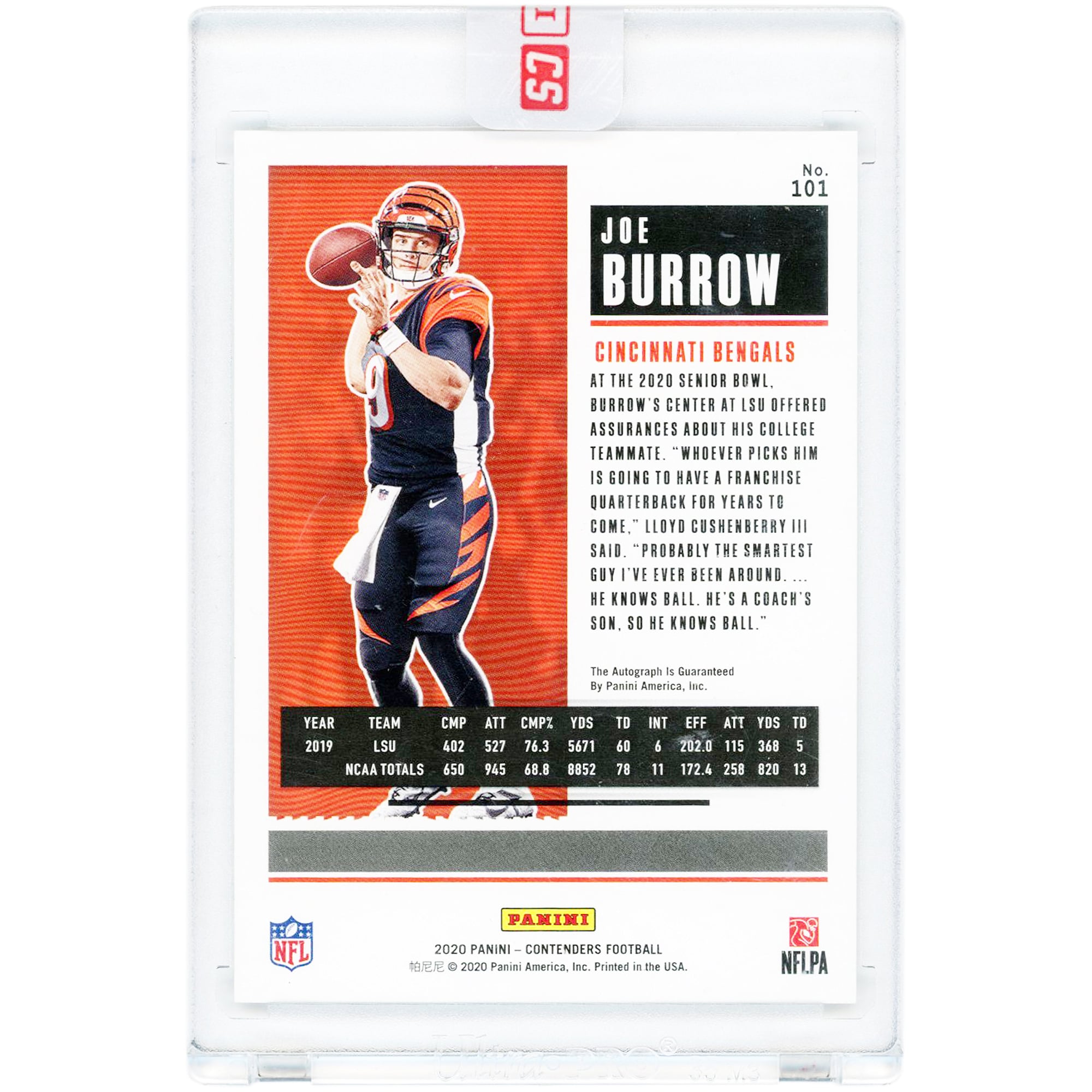 Carte de recrue autographiée de Joe Burrow (Cincinnati Bengals) 2020 Panini Contenders Rookie Ticket n° 101
