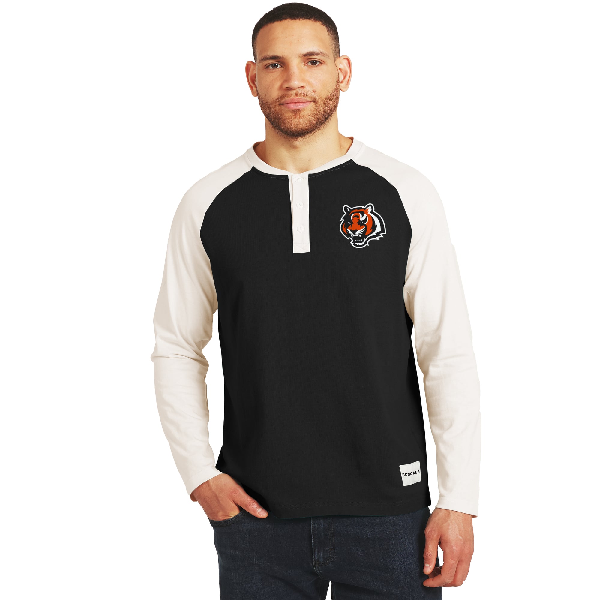 Men's Darius Rucker Collection by Fanatics Black/Cream Cincinnati Bengals Henley Long Sleeve T-Shirt