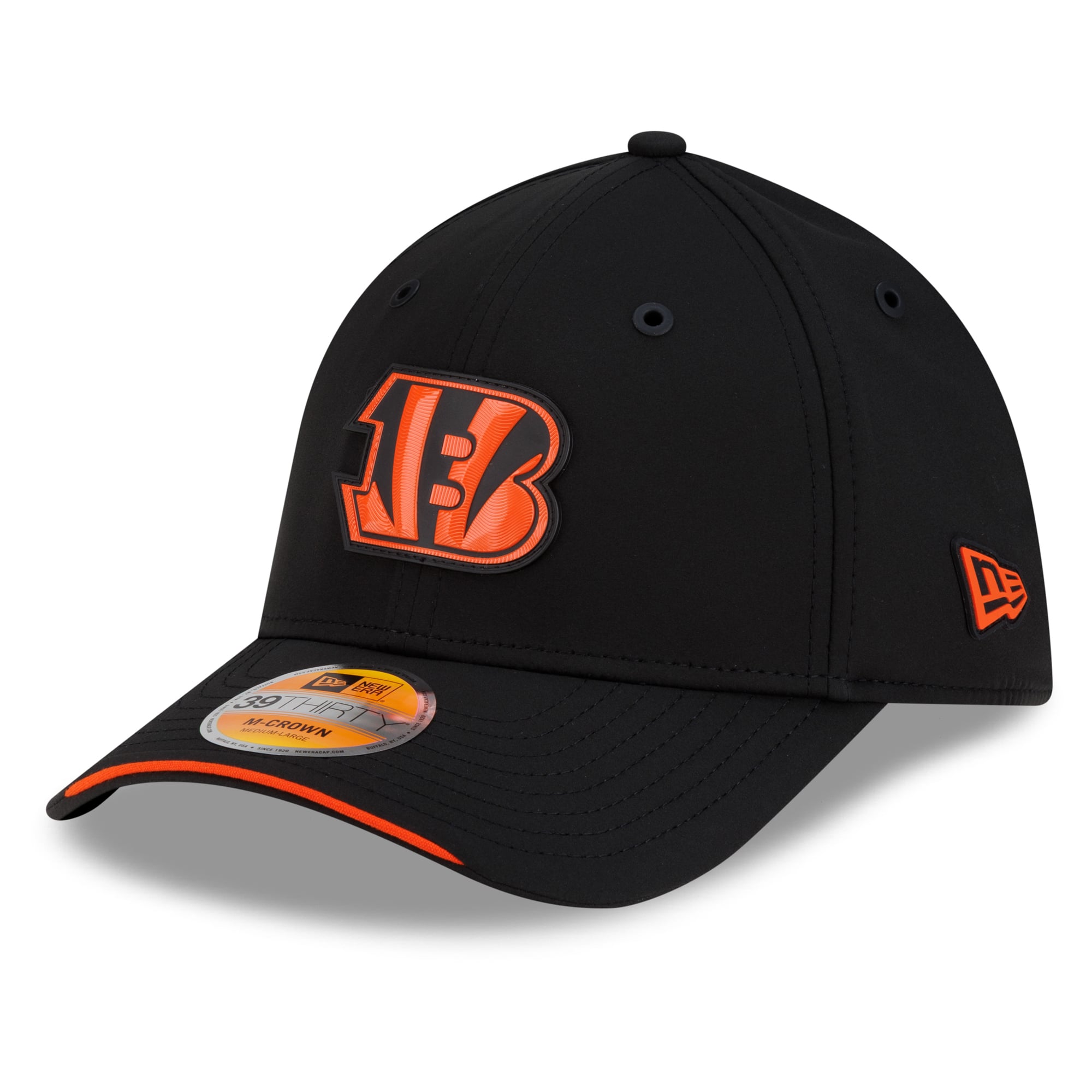 Casquette New Era noire pour homme, modèle Cincinnati Bengals 2026 Sideline 39THIRTY M-Crown Flex