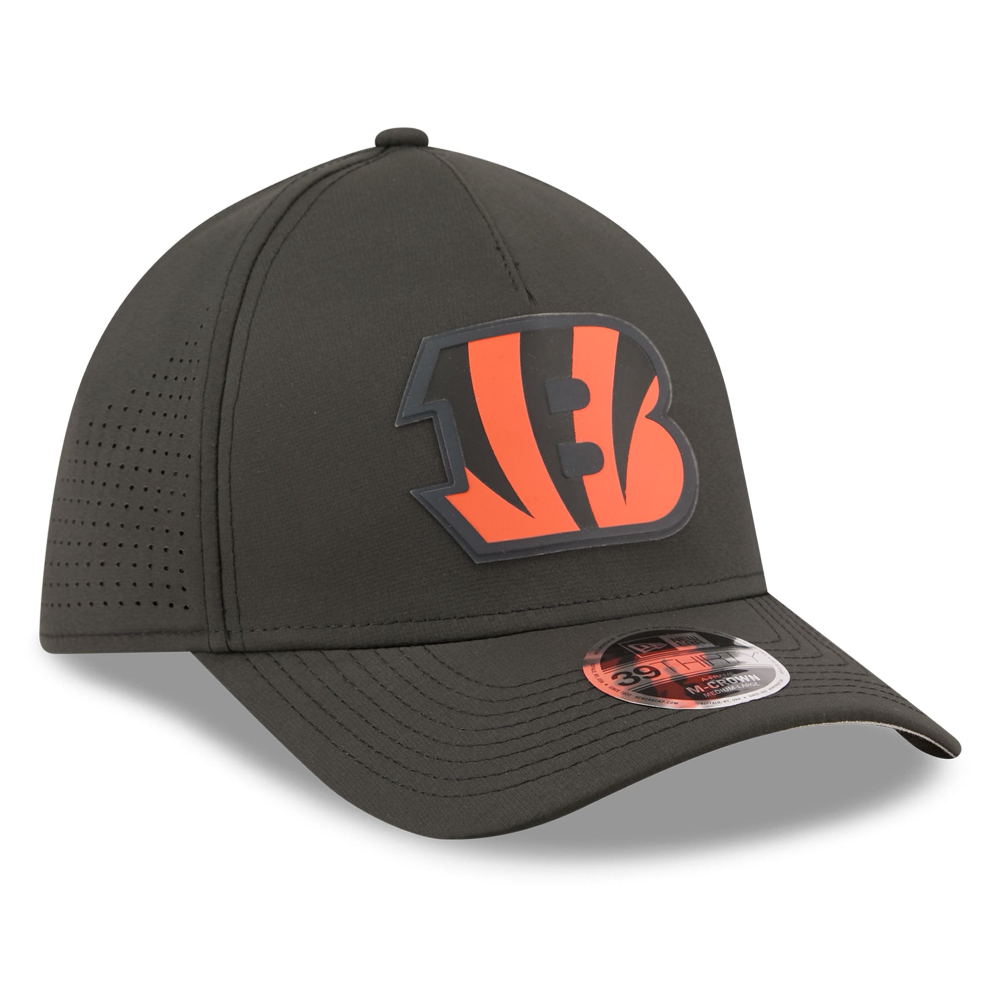 Casquette New Era noire pour homme, modèle 39THIRTY A-Frame Flex, couleurs des Bengals de Cincinnati