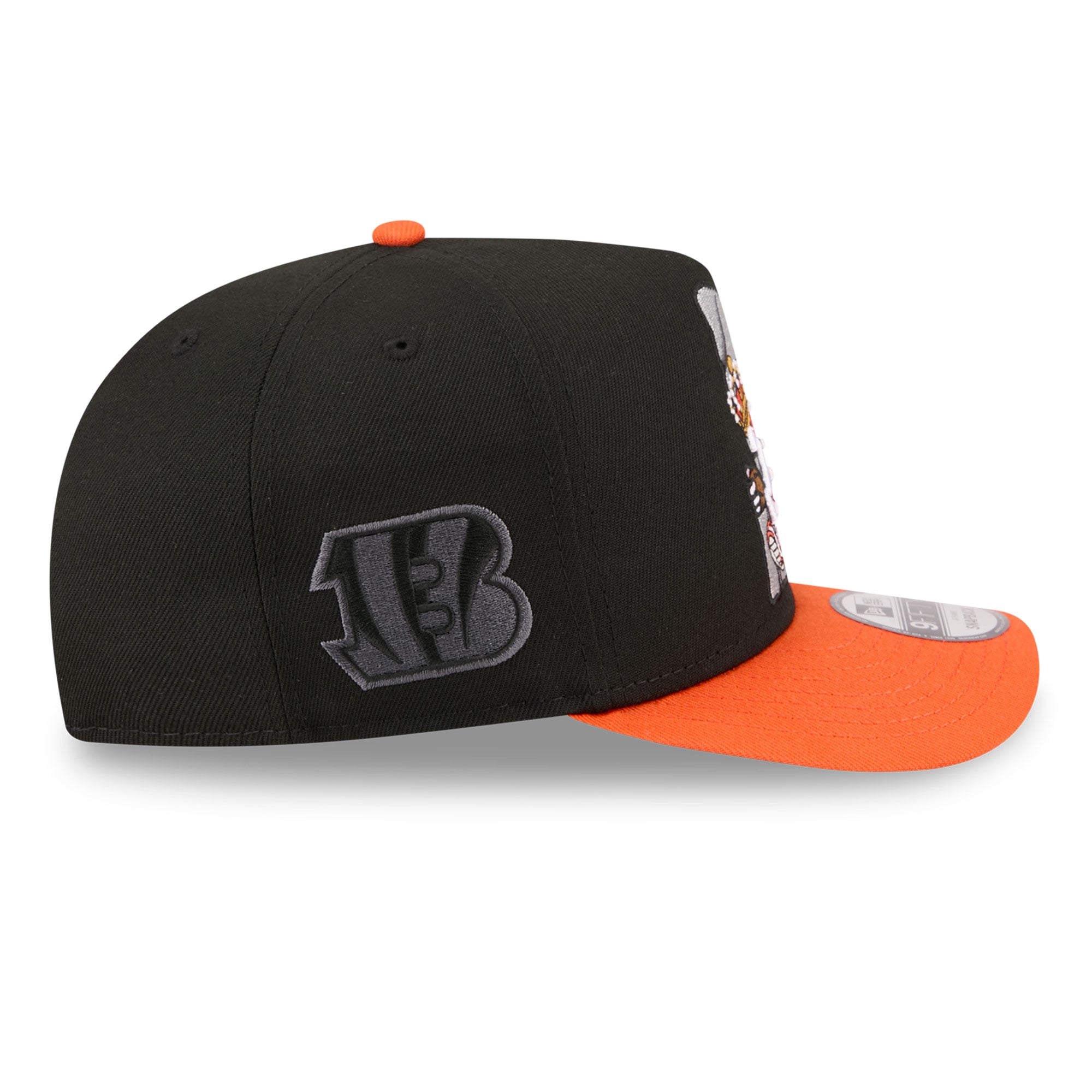 Casquette snapback New Era 9FIFTY pour homme, noire et orange, motif dessin animé des Bengals de Cincinnati