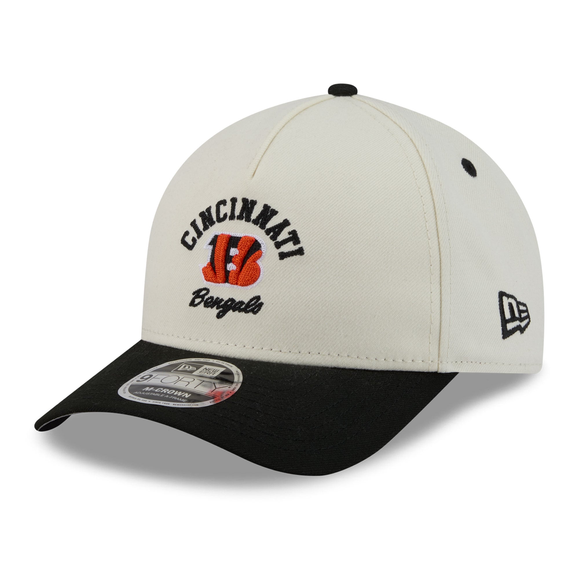 Casquette ajustable New Era Arch 9FORTY A-Frame M-Crown pour homme, crème/noir, Cincinnati Bengals