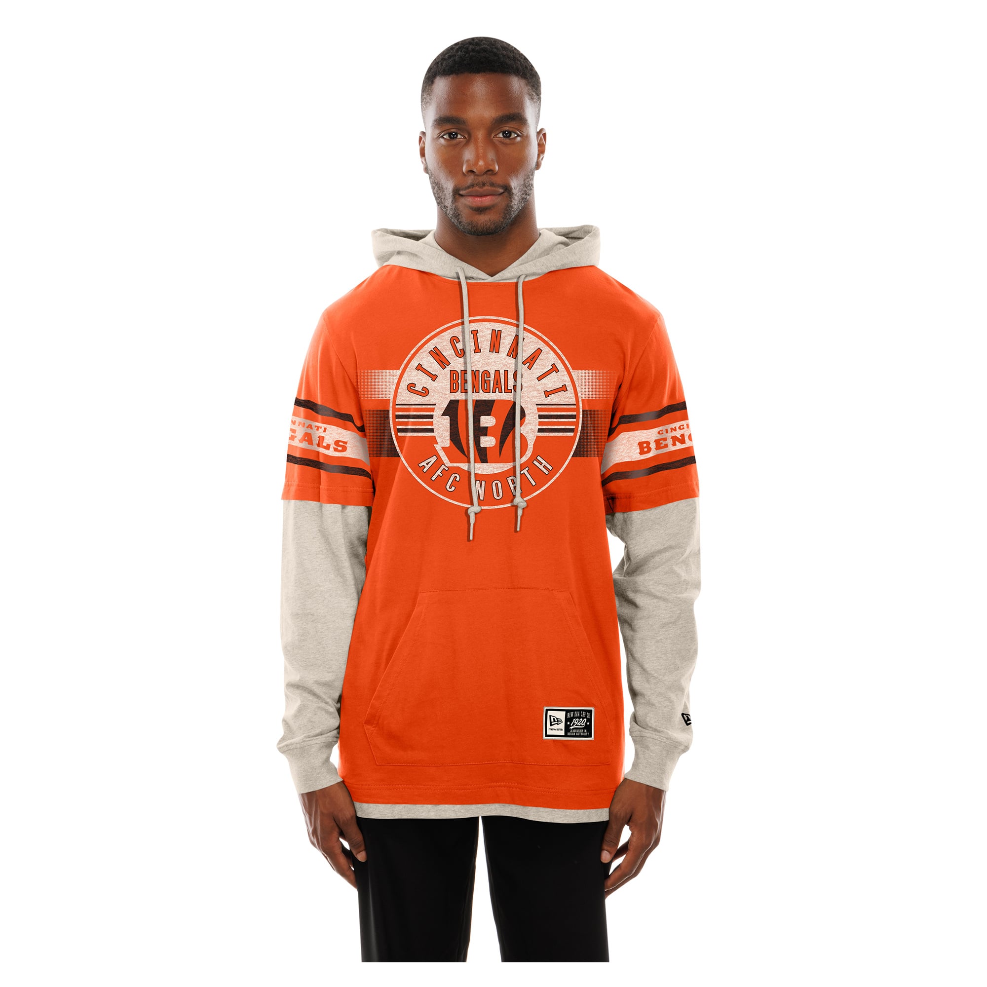Men's New Era Orange Cincinnati Bengals Twofer Layered Long Sleeve Hooded T-Shirt