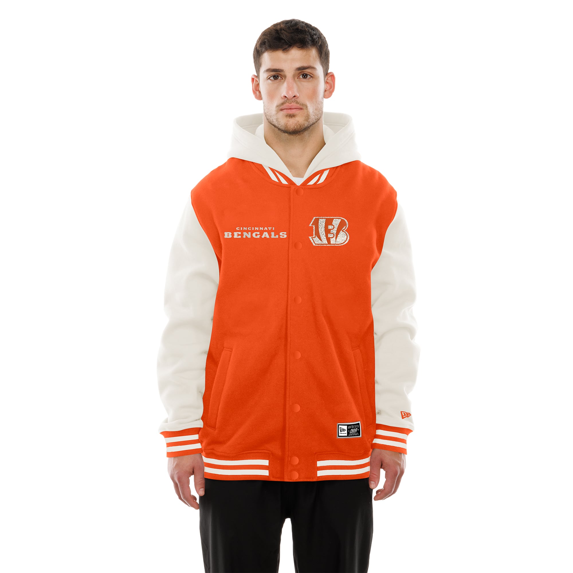 Veste polaire à capuche New Era orange/crème pour homme, modèle Cincinnati Bengals, fermeture boutons-pression.