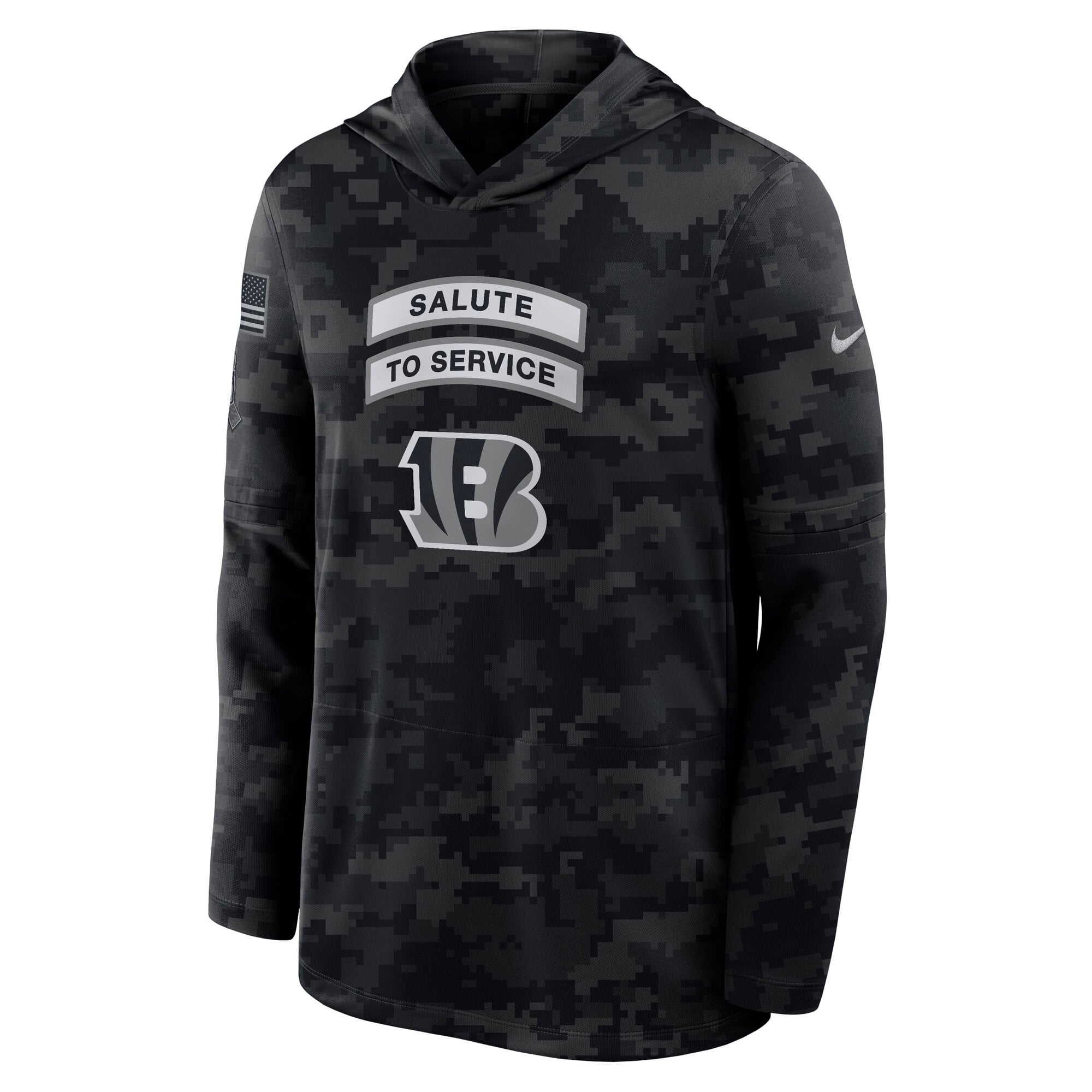 T-shirt à manches longues Nike noir pour homme, Cincinnati Bengals 2026 Salute to Service, avec capuche et technologie Dri-FIT.