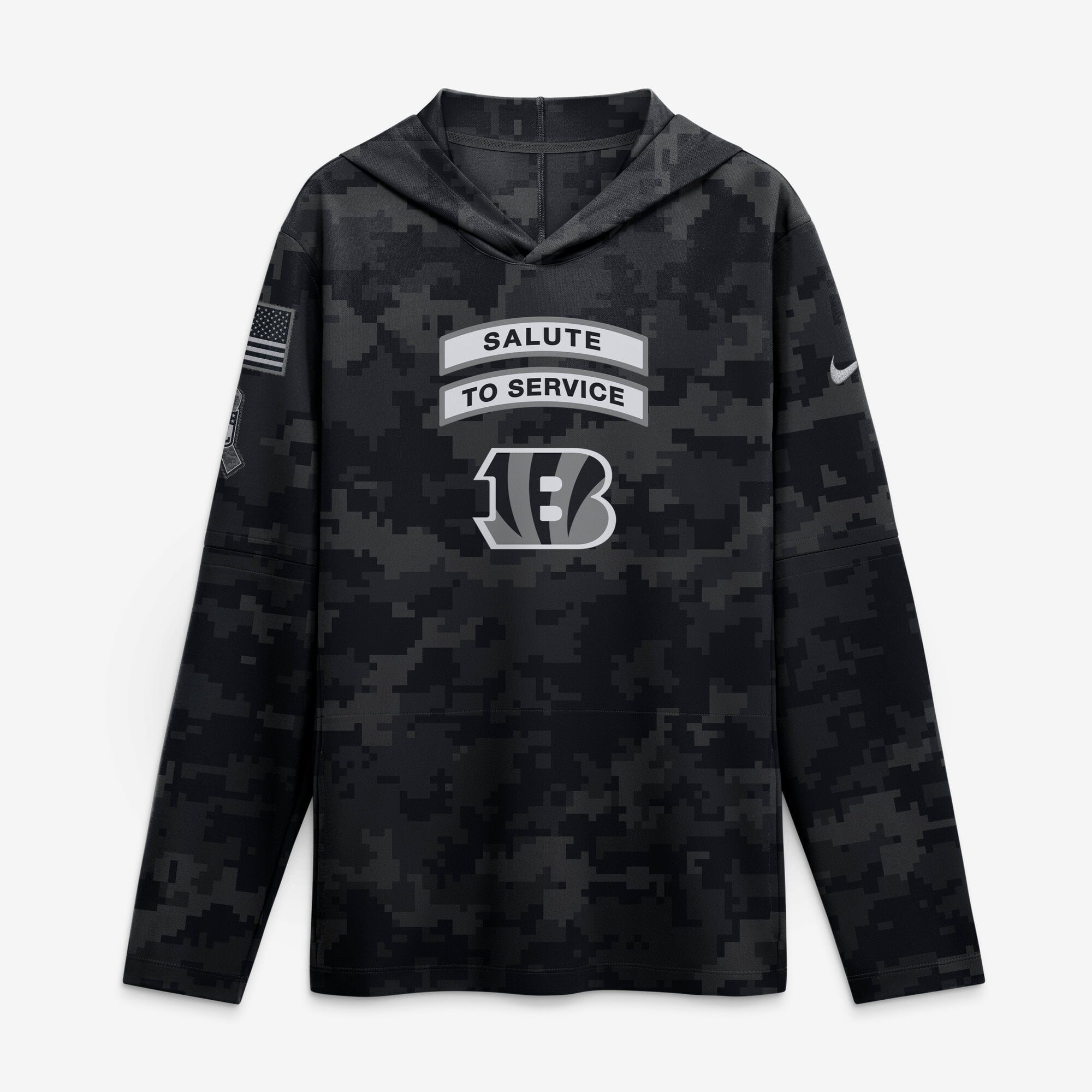 T-shirt à manches longues Nike noir pour homme, Cincinnati Bengals 2026 Salute to Service, avec capuche et technologie Dri-FIT.