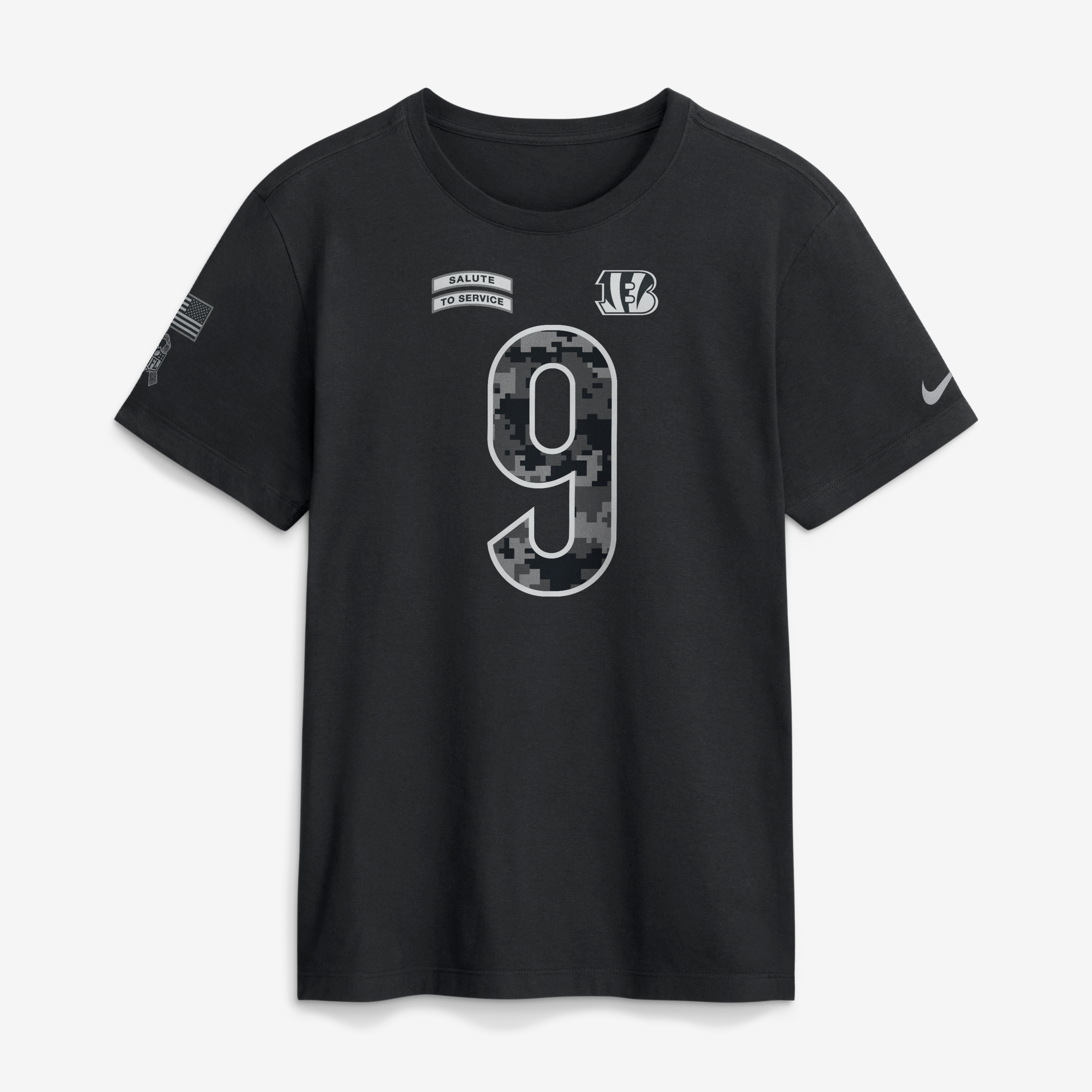 Men's Nike Joe Burrow Black Cincinnati Bengals 2026 Salute to Service Name & Number T-Shirt
