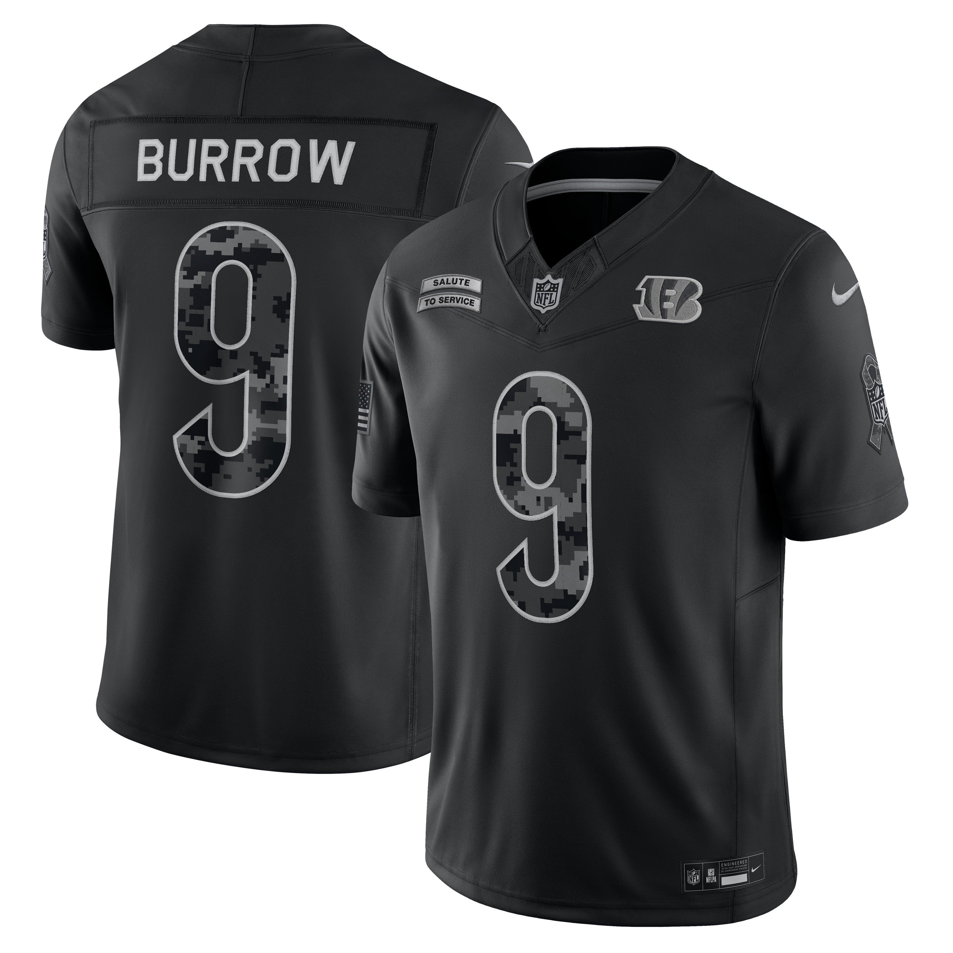 Maillot Nike Joe Burrow noir pour homme, édition limitée Cincinnati Bengals 2026 Salute to Service.