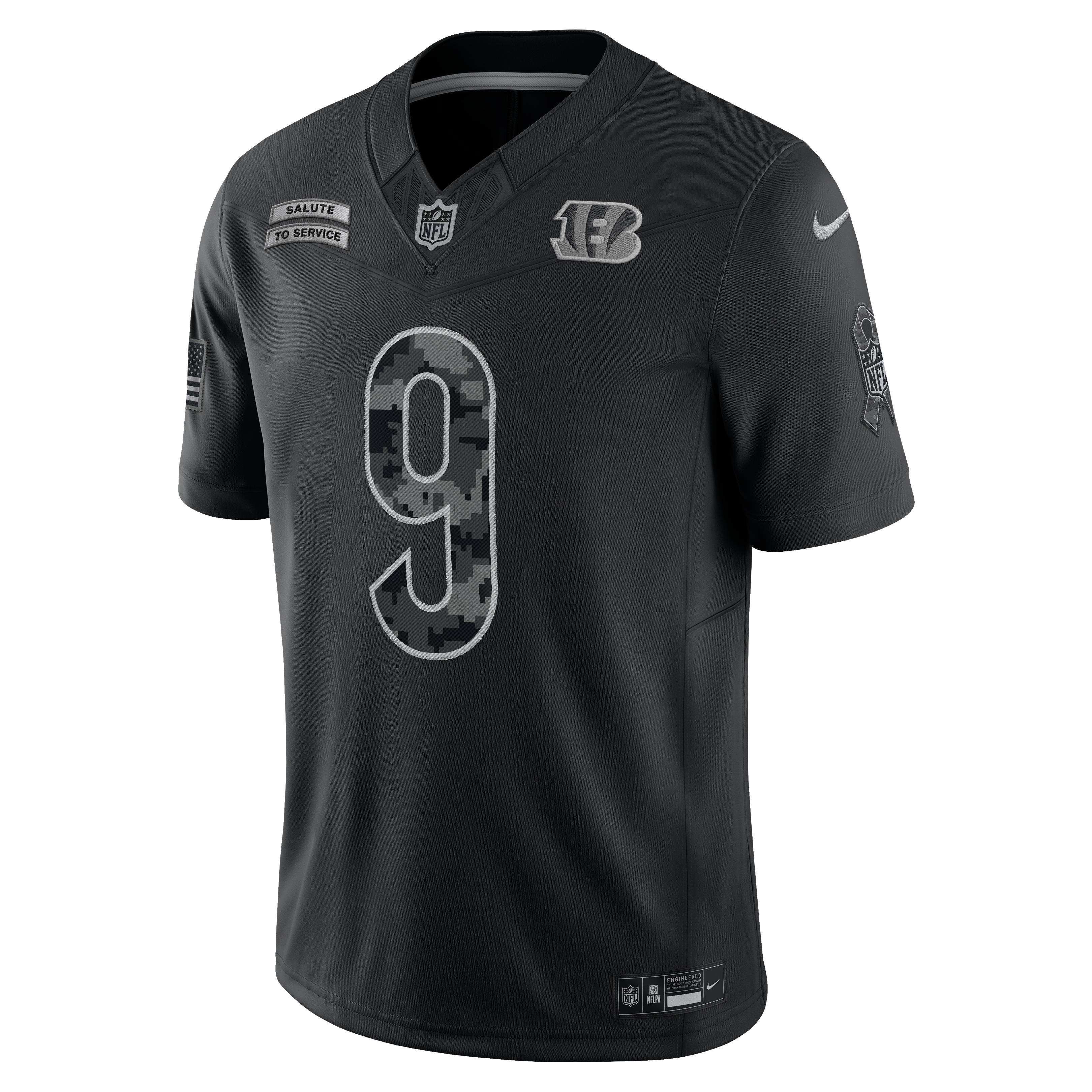 Maillot Nike Joe Burrow noir pour homme, édition limitée Cincinnati Bengals 2026 Salute to Service.