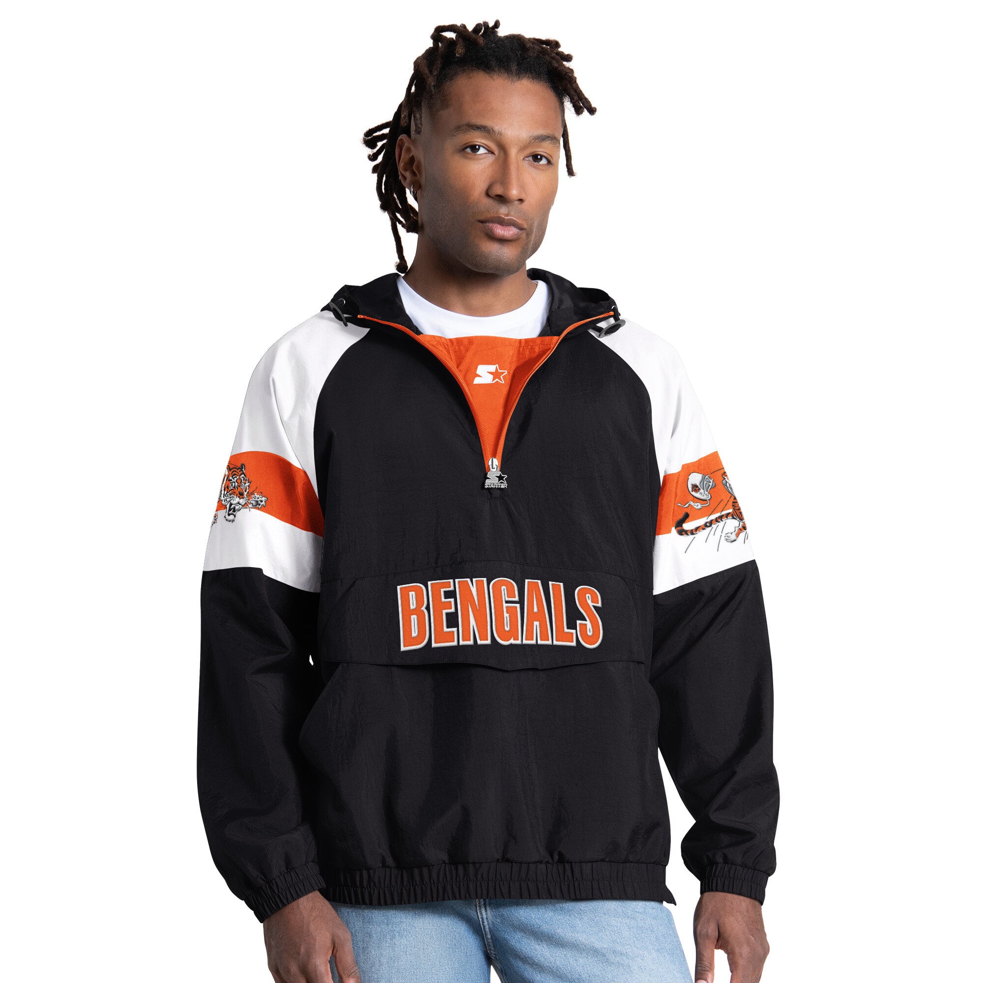 Veste Starter noire pour homme, modèle Street Cut Retro Logo, à demi-zip, style des Bengals de Cincinnati.