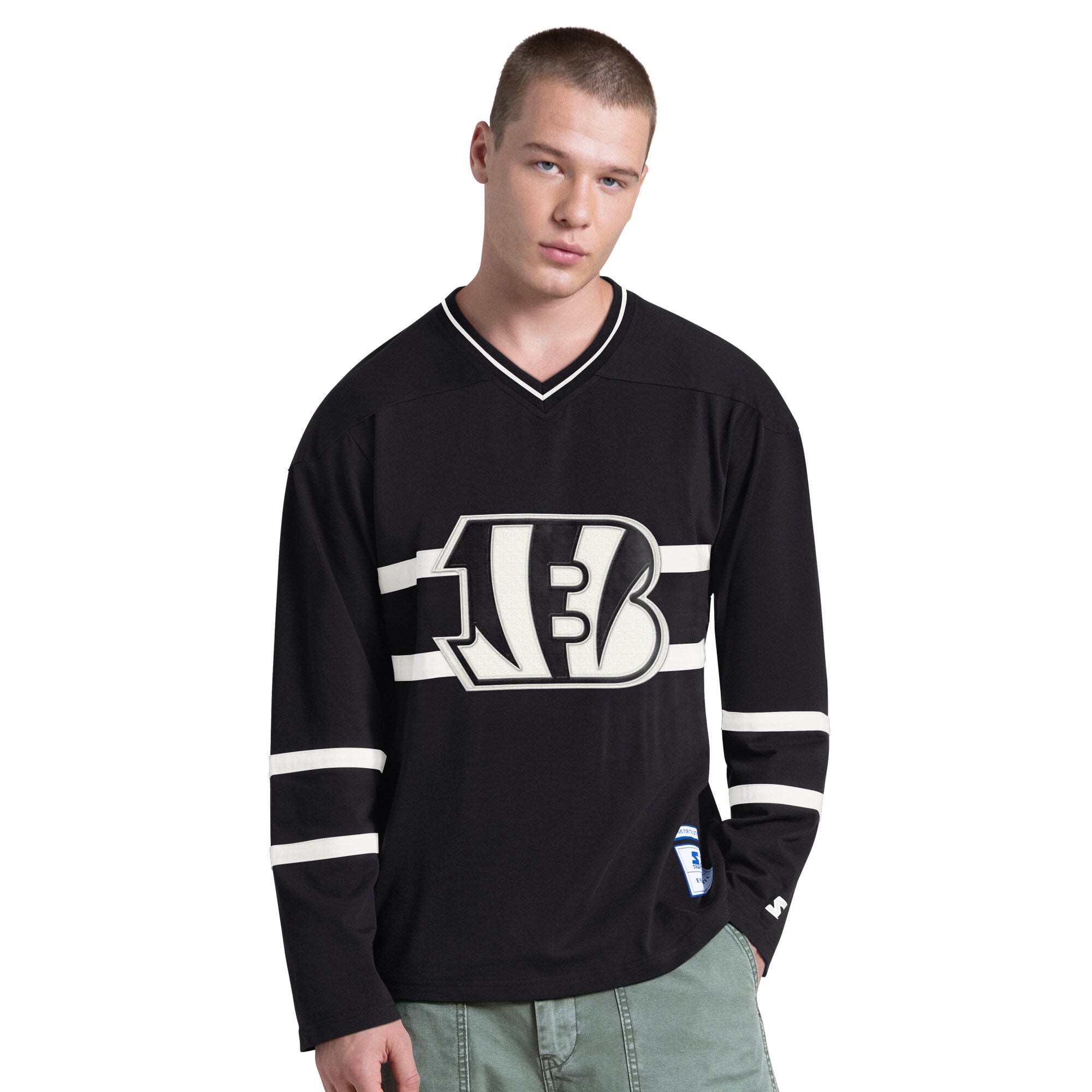 T-shirt à manches longues Starter noir et blanc pour homme, représentant les Bengals de Cincinnati