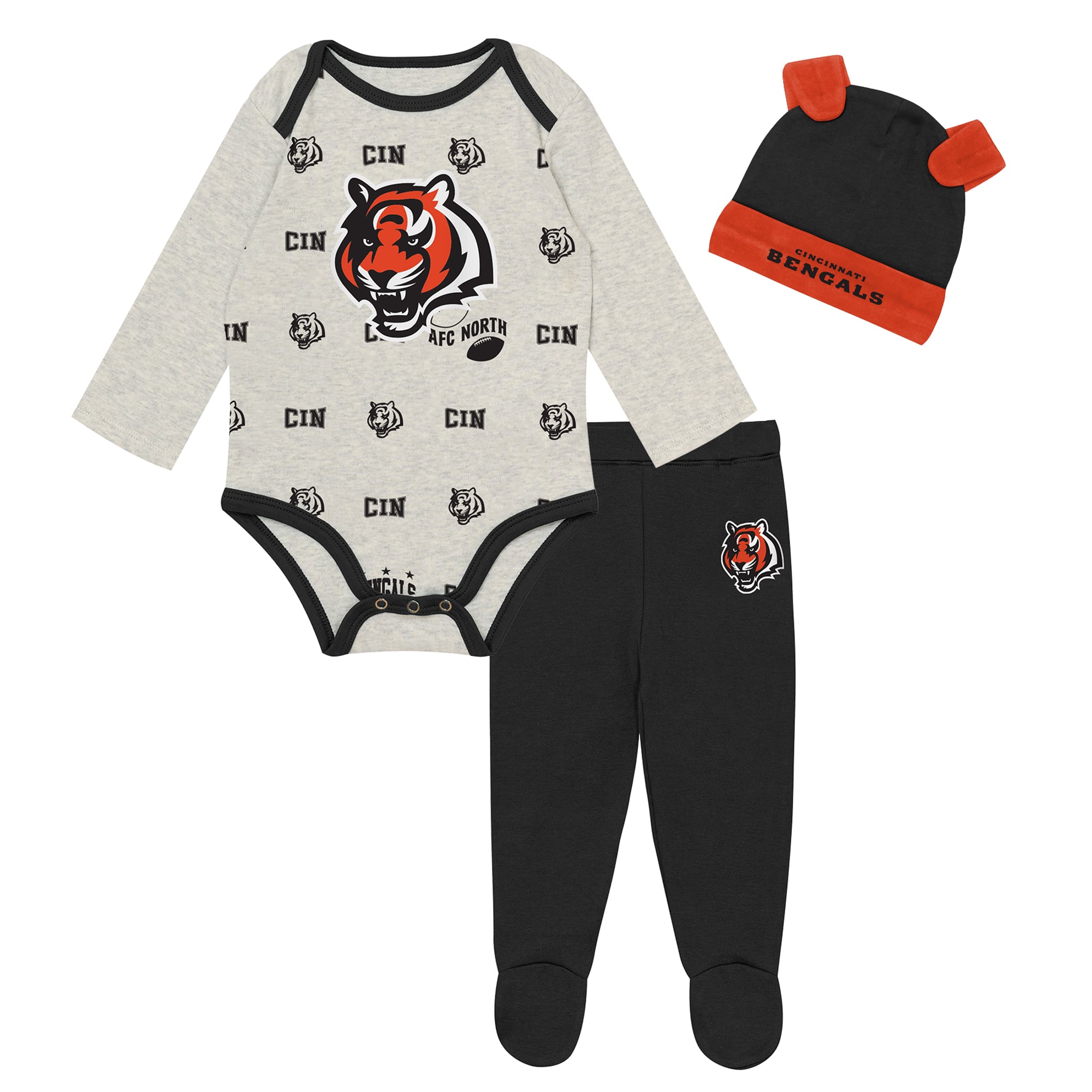 Ensemble pantalon et bonnet 3 pièces Outerstuff Heather Gray Cincinnati Bengals Huddles & Giggles pour nouveau-né