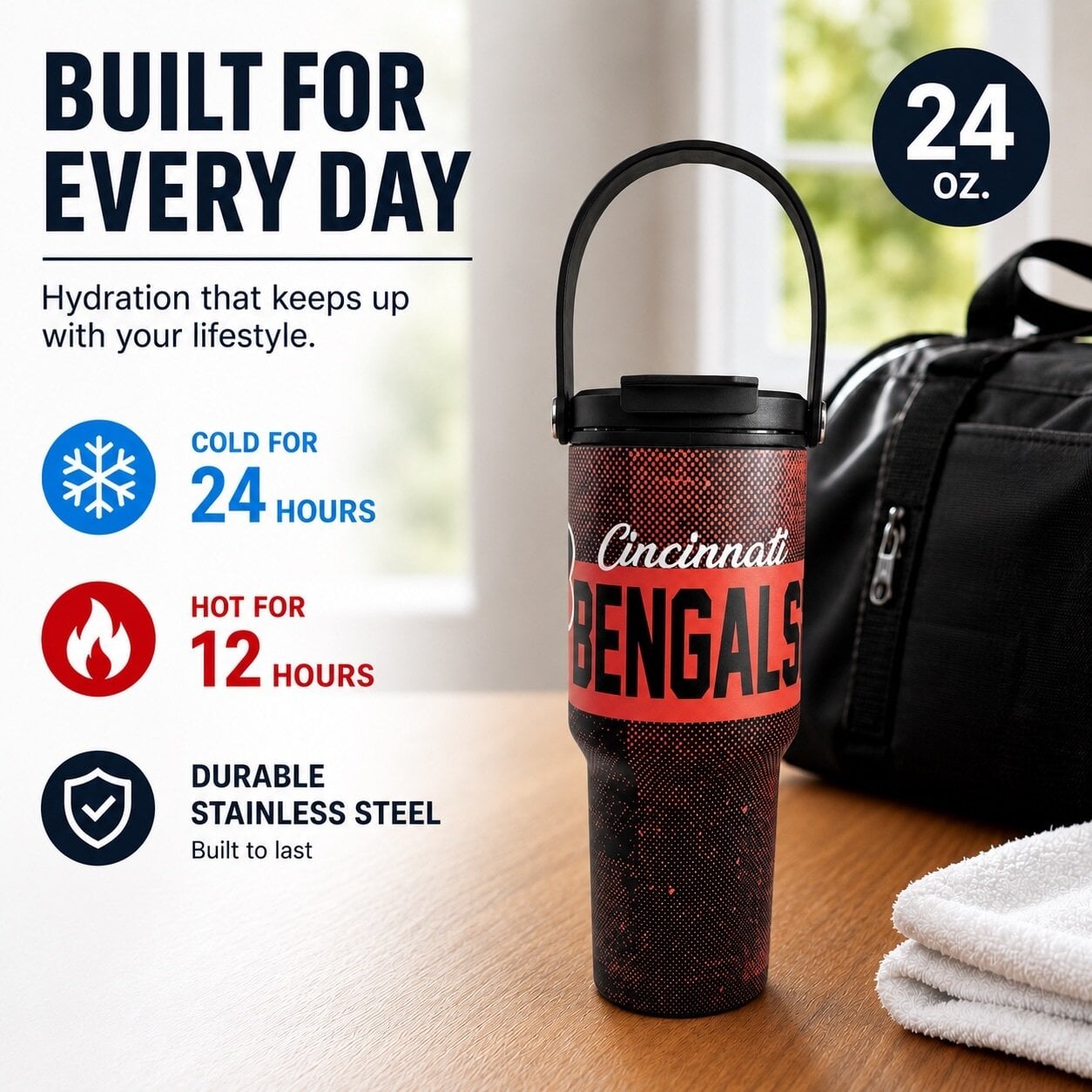 Gourde Pegasus Cincinnati Bengals 710 ml (24 oz) en acier inoxydable à double bouchon et motif moucheté dégradé