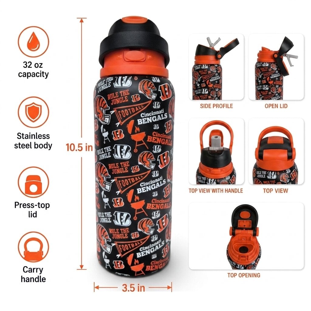 Gourde Pegasus Cincinnati Bengals 32 oz, fanion de match, en acier inoxydable ProPress
