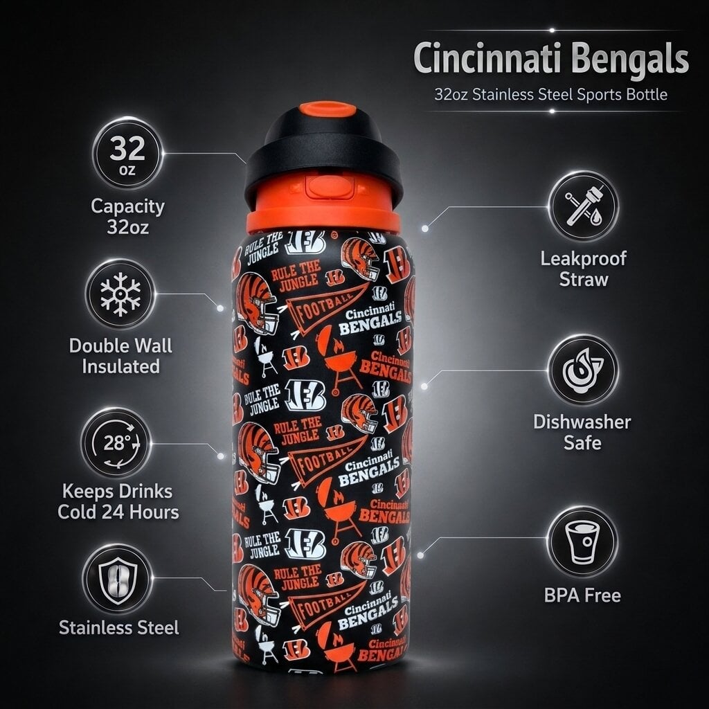 Gourde Pegasus Cincinnati Bengals 32 oz, fanion de match, en acier inoxydable ProPress