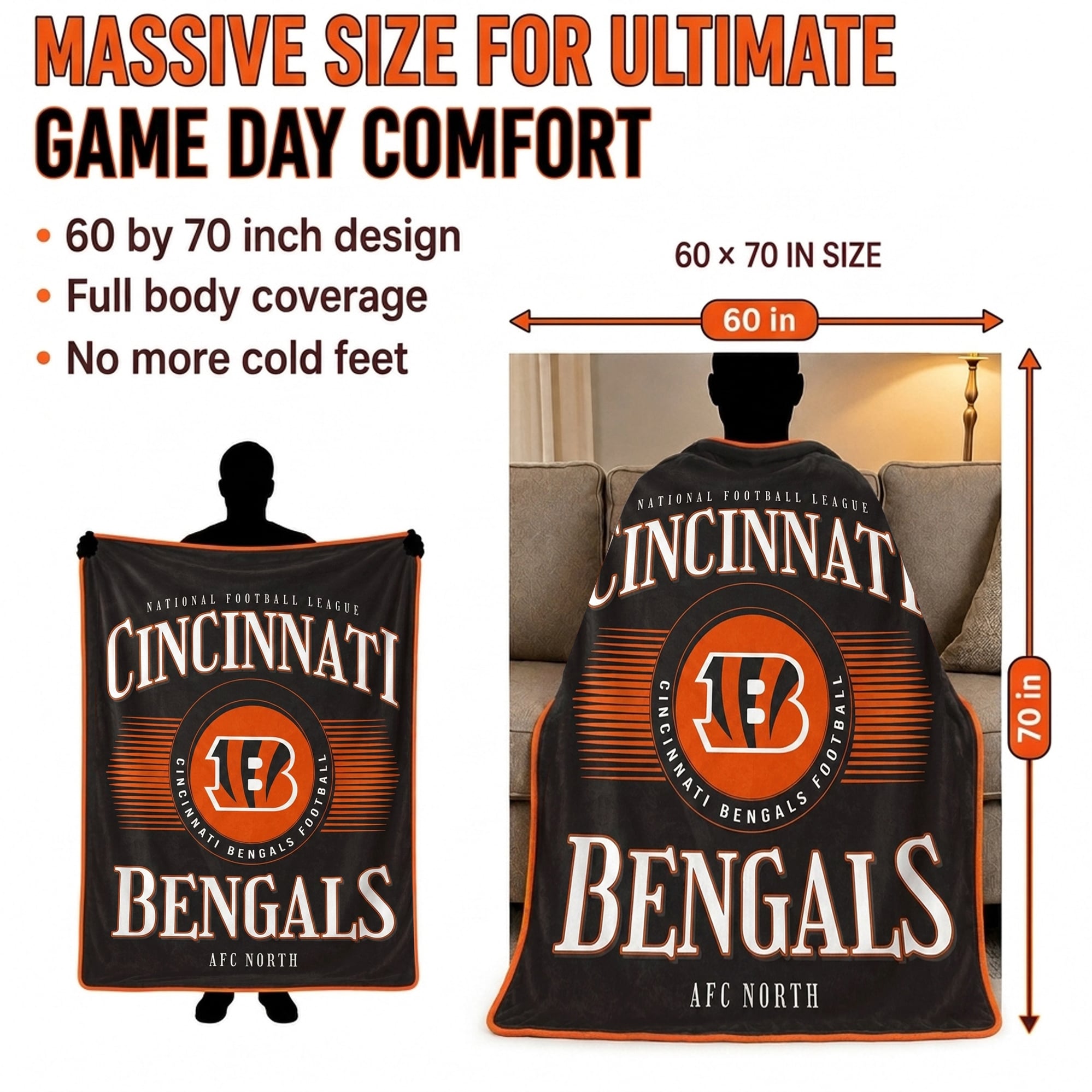 Couverture Pegasus Cincinnati Bengals Spotlight Arch 60" x 70" ultra douce