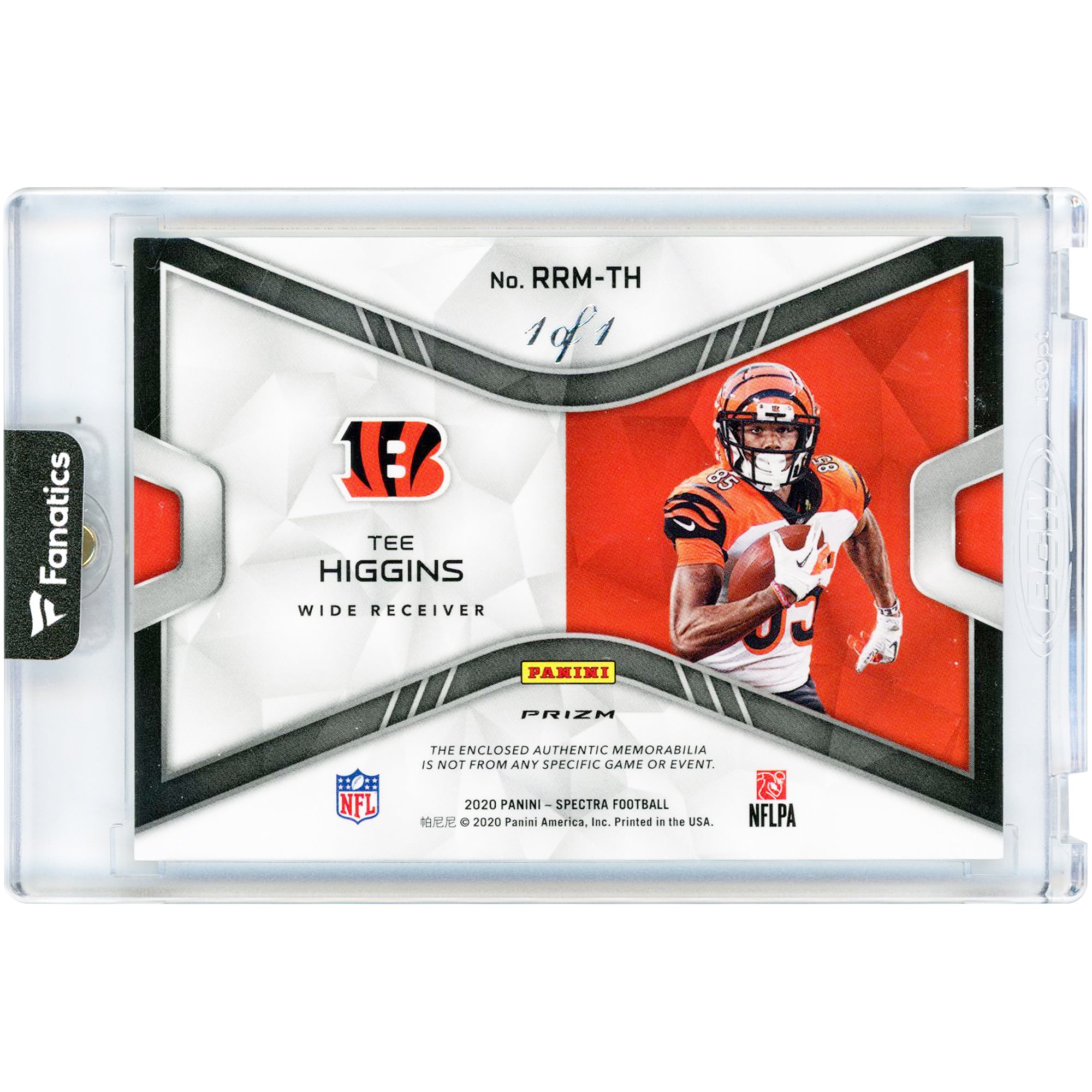 Carte de recrue Tee Higgins, Cincinnati Bengals 2020 Panini Spectra Rising, Matériaux dorés, Étiquette de blanchisserie, Logo du joueur NFL, Double relique 5 couleurs #RRM-TH #1/1