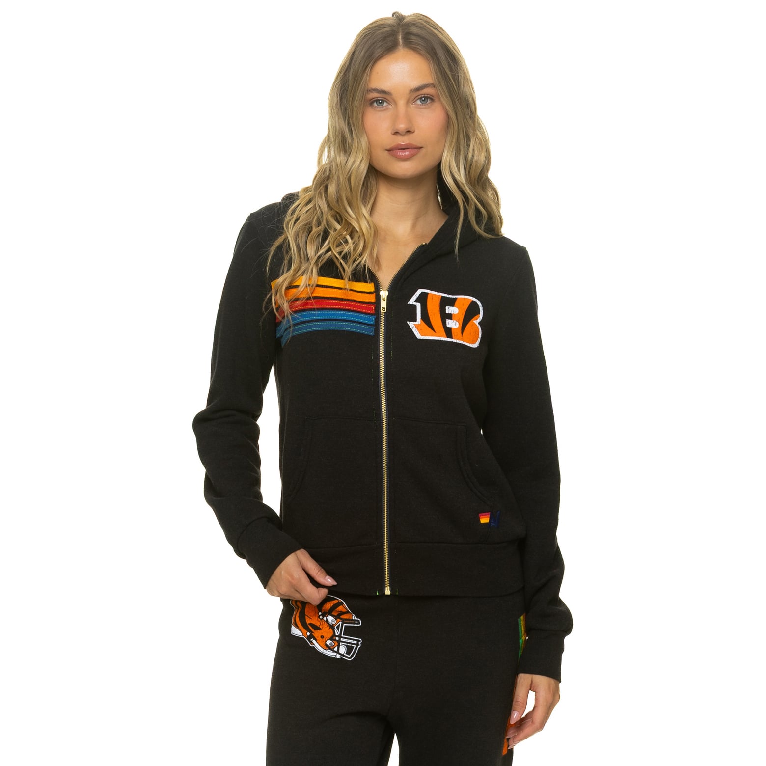 Sweat à capuche unisexe Aviator Nation noir Cincinnati Bengals en mélange de trois matières, fermeture éclair intégrale