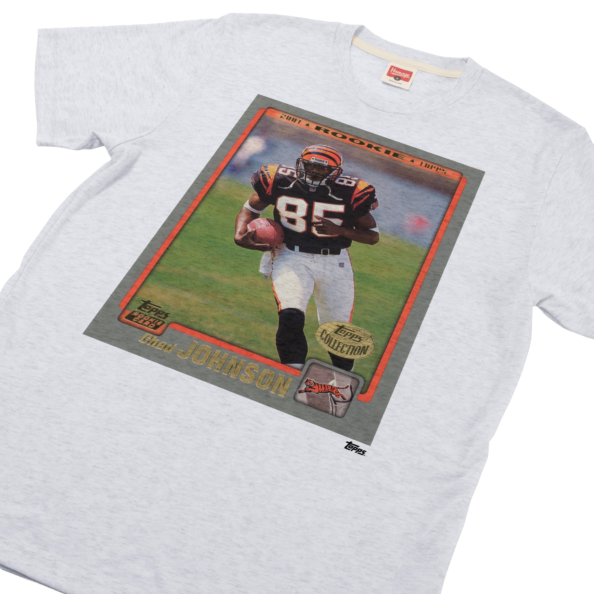 T-shirt unisexe Hommage à Chad Johnson, couleur cendre, Cincinnati Bengals, NFL Topps Trading Card, mélange de trois matières
