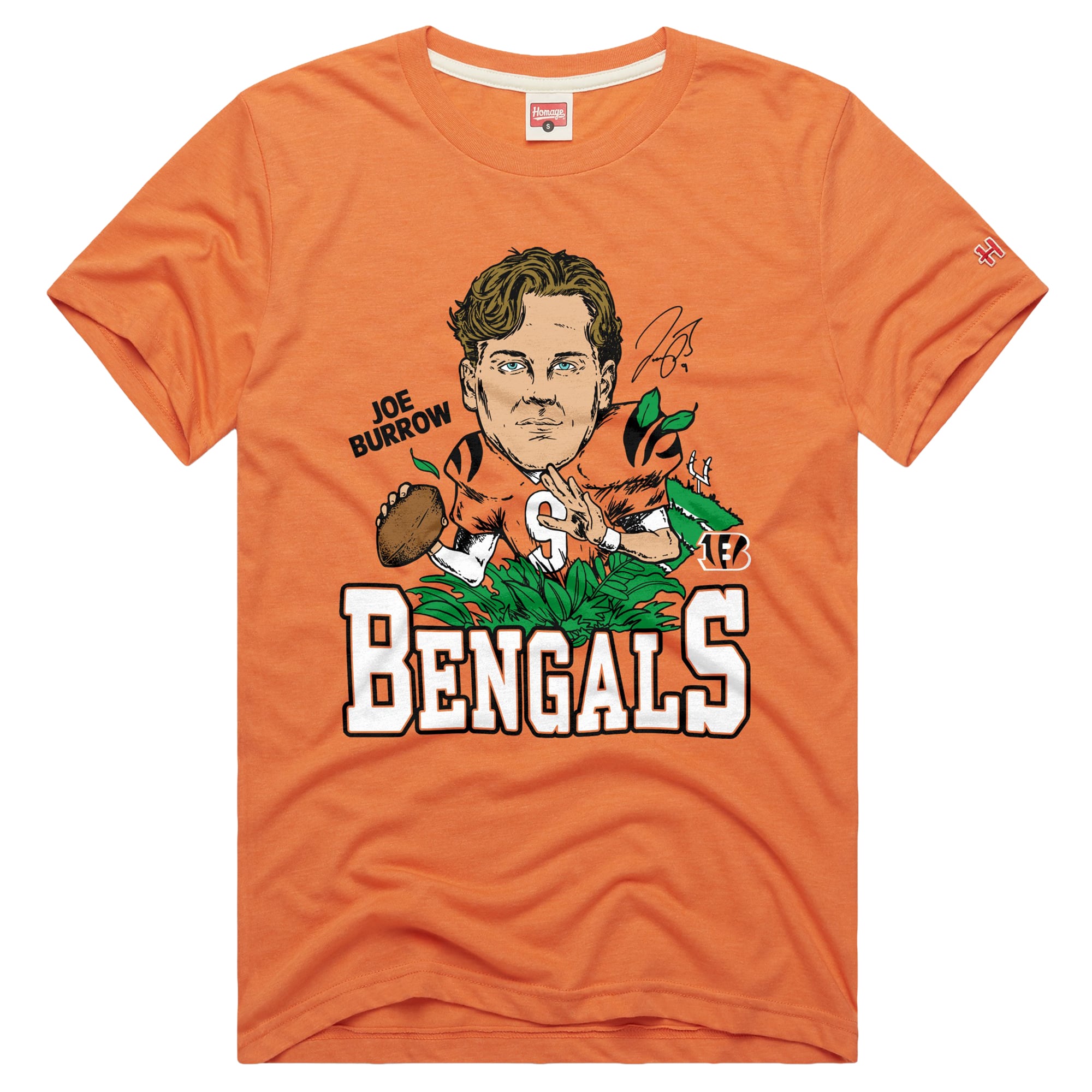 T-shirt unisexe en mélange de trois matières, hommage à Joe Burrow, joueur des Bengals Cincinnati, orange, avec caricature du joueur.