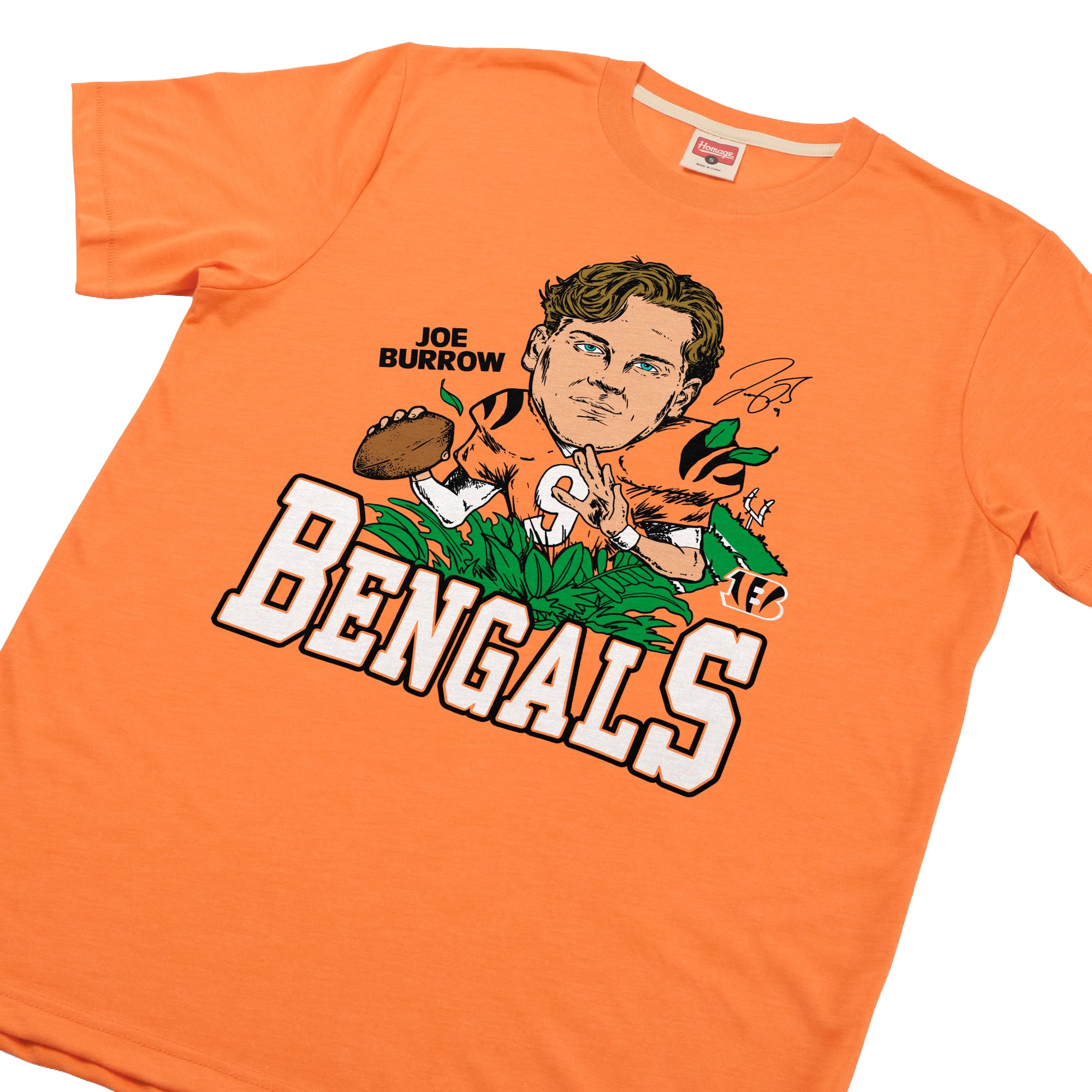 T-shirt unisexe en mélange de trois matières, hommage à Joe Burrow, joueur des Bengals Cincinnati, orange, avec caricature du joueur.