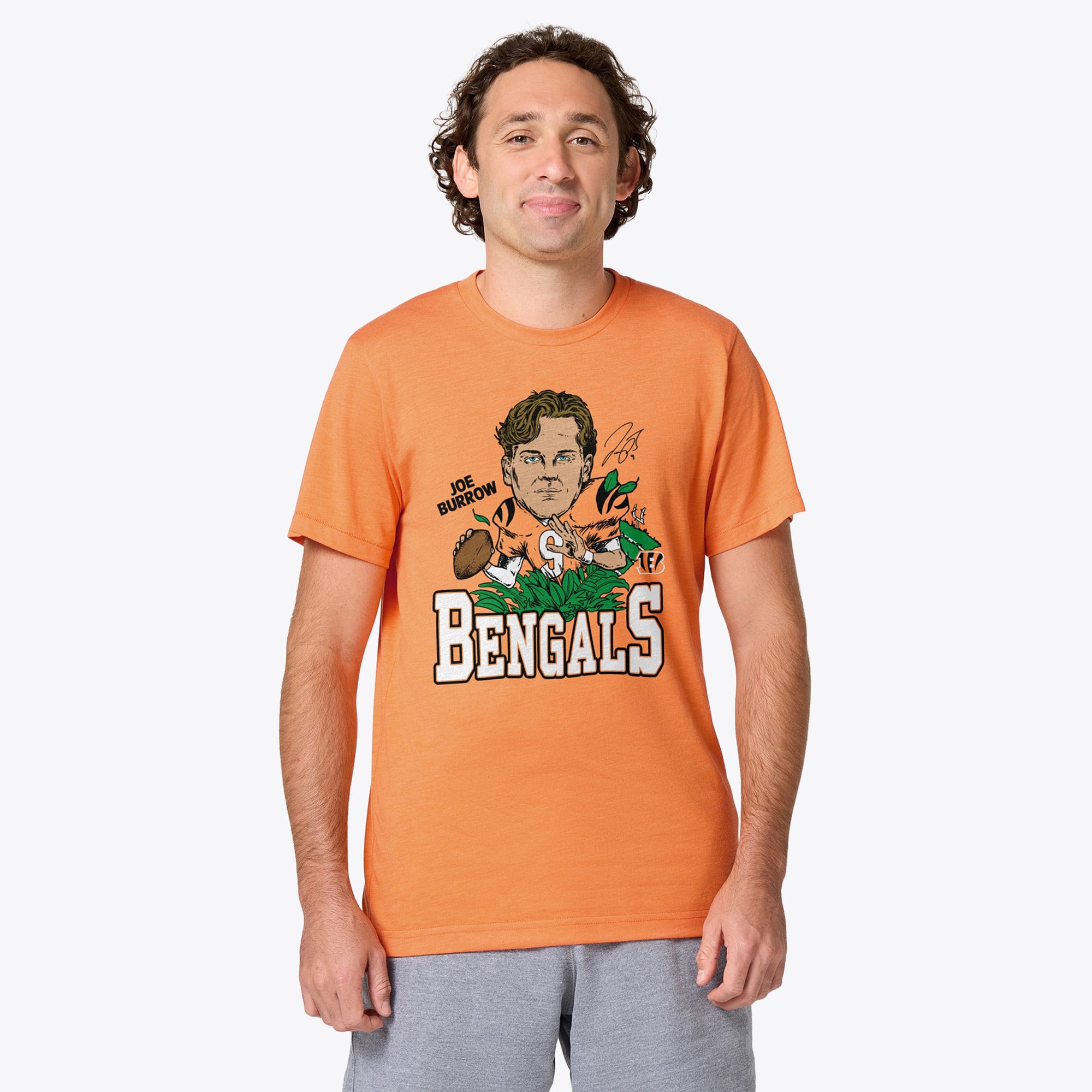 T-shirt unisexe en mélange de trois matières, hommage à Joe Burrow, joueur des Bengals Cincinnati, orange, avec caricature du joueur.