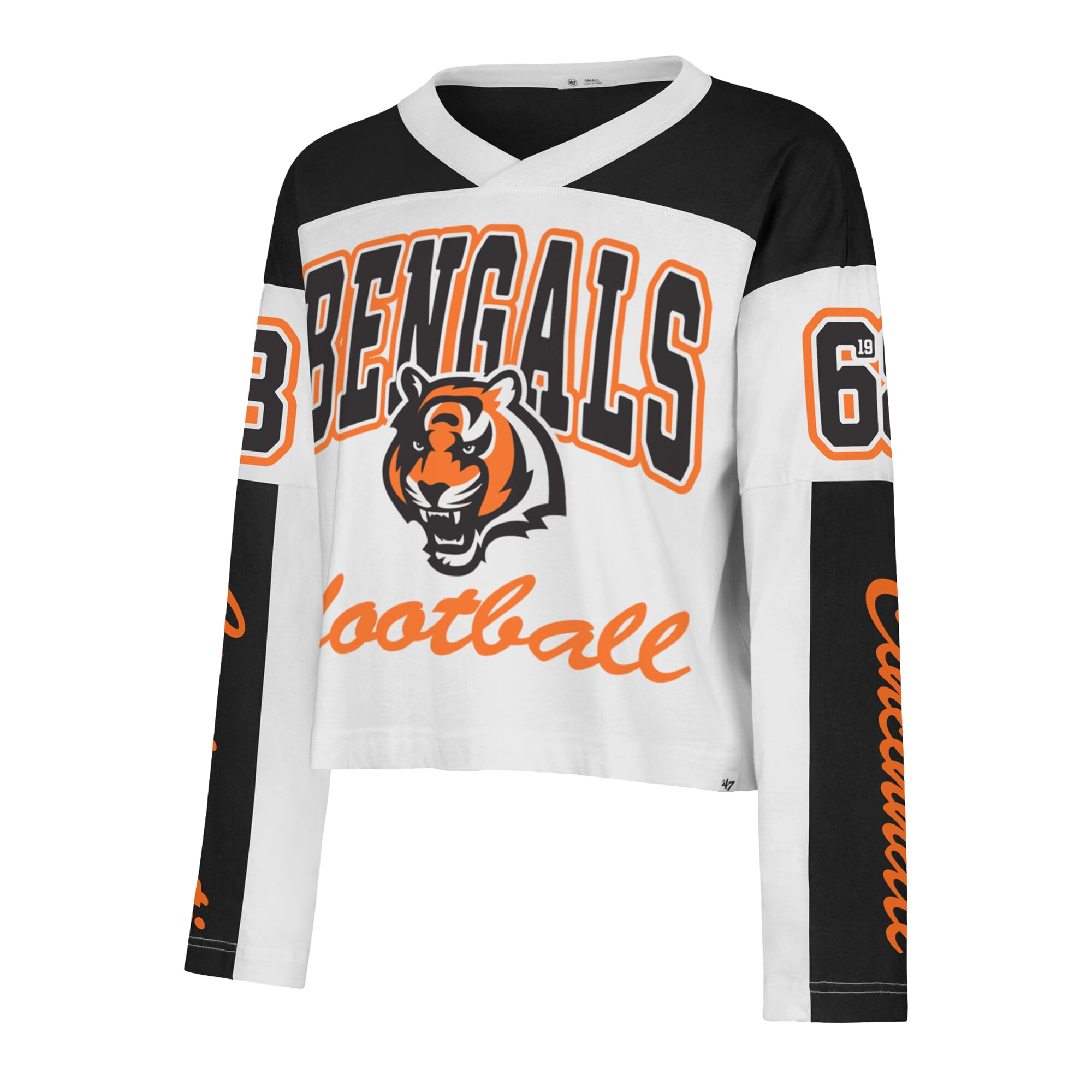 T-shirt à manches longues et col en V blanc pour femme des Bengals de Cincinnati, modèle '47 Exclamation Metro