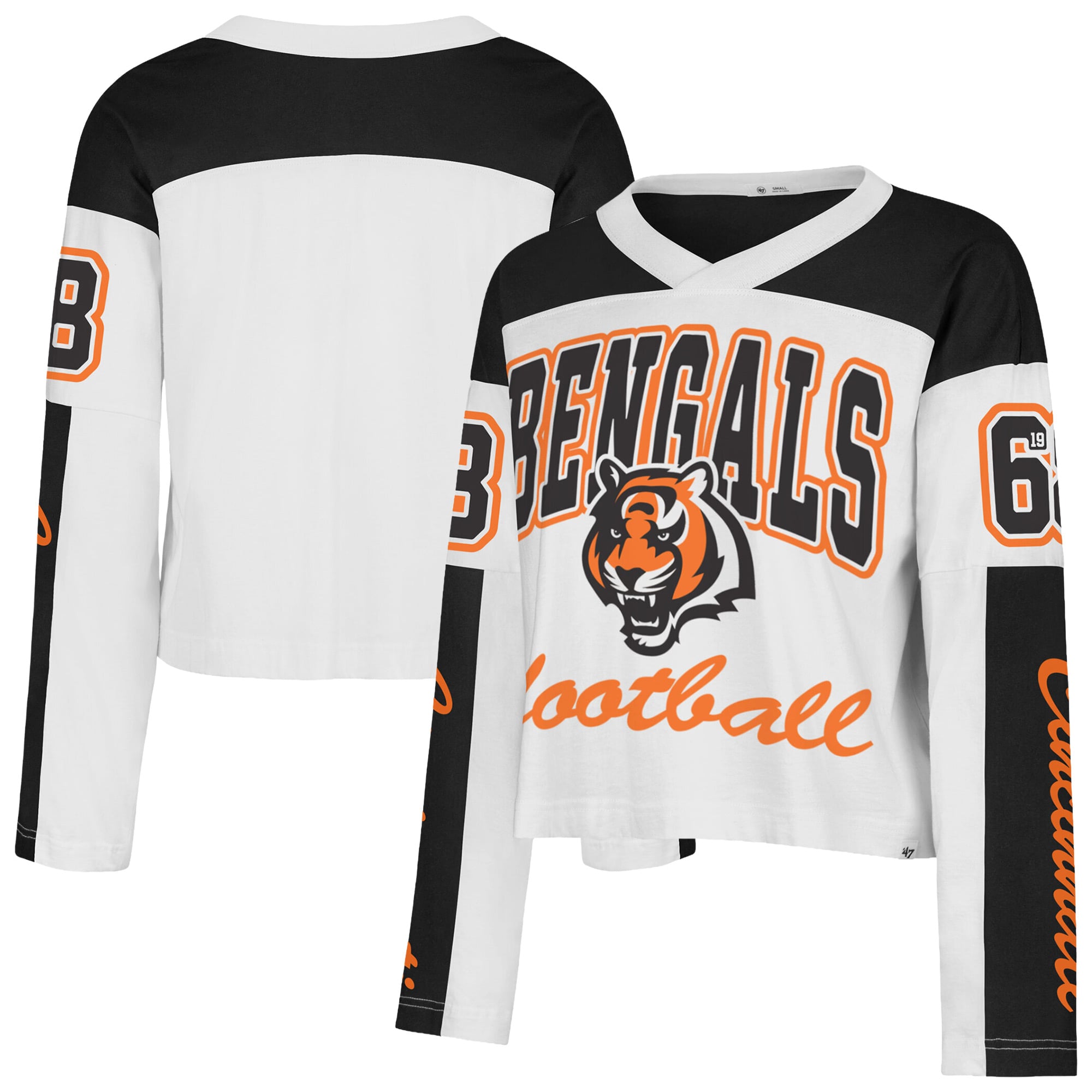 T-shirt à manches longues et col en V blanc pour femme des Bengals de Cincinnati, modèle '47 Exclamation Metro