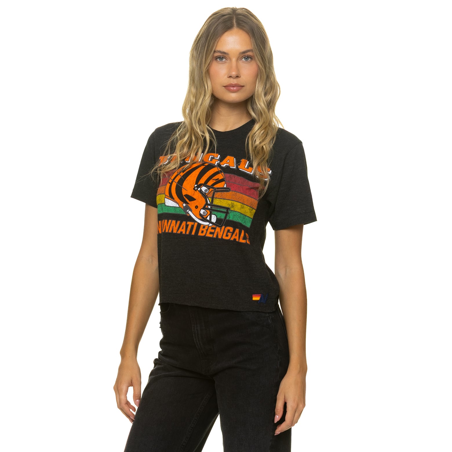 T-shirt Aviator Nation noir pour femme, style boyfriend, en mélange de trois matières, aux couleurs des Bengals Cincinnati