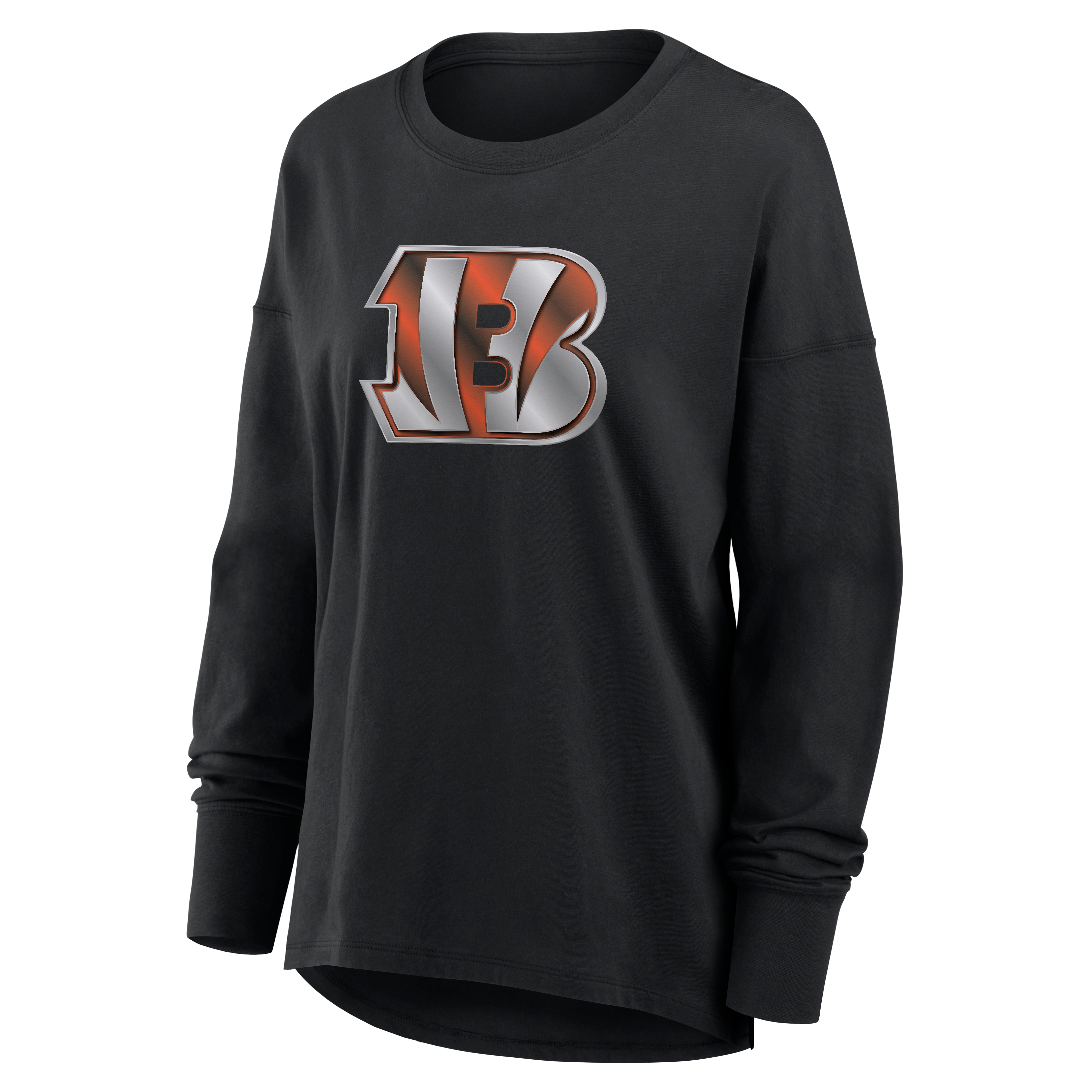 T-shirt à manches longues noir pour femmes avec mascotte métallique des Bengals de Cincinnati