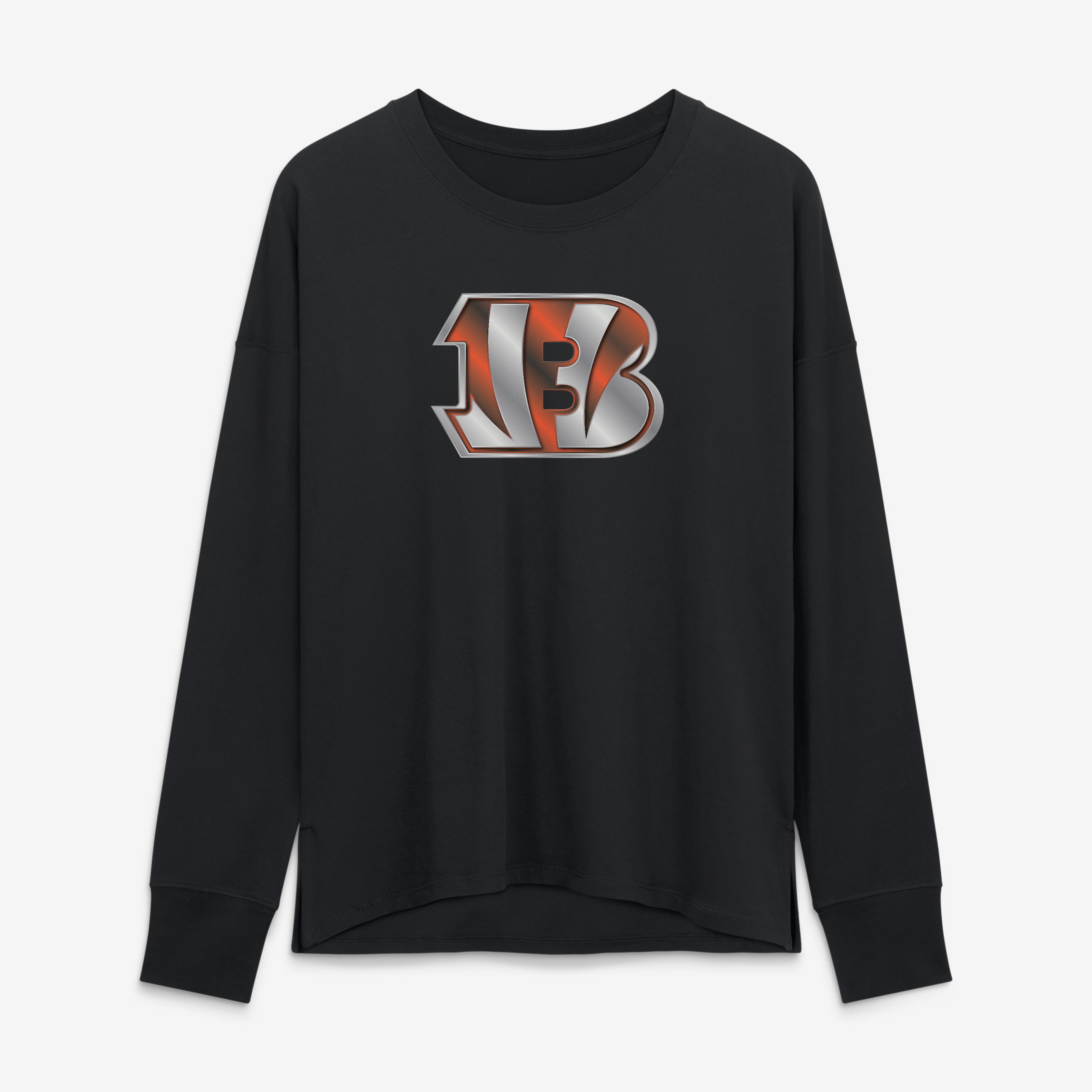 T-shirt à manches longues noir pour femmes avec mascotte métallique des Bengals de Cincinnati