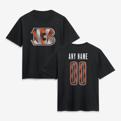 Cincinnati Bengals Women's Metallic Mascot Personalized Name & Number T-Shirt - Black