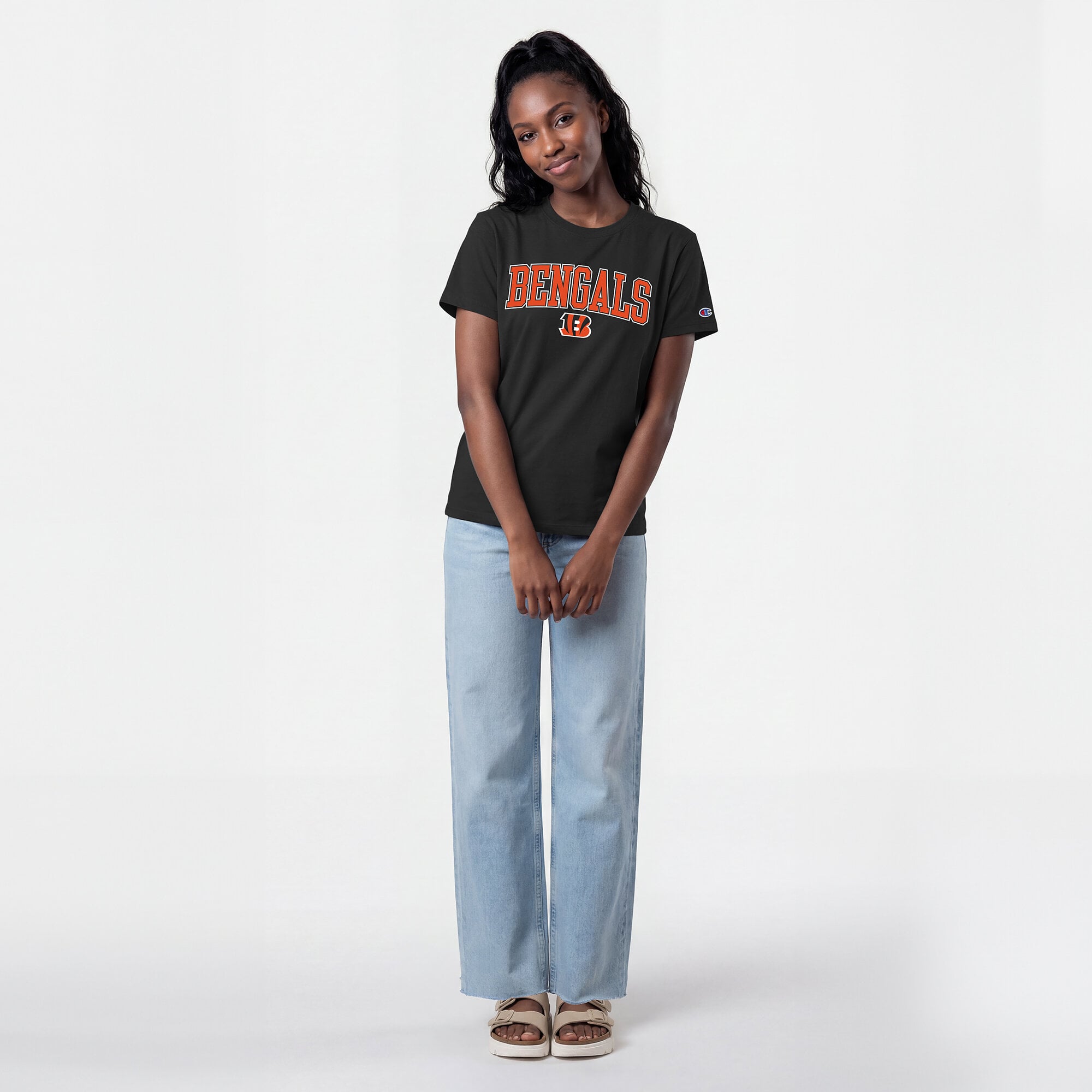 T-shirt noir Champion pour femmes, logo arqué des Bengals de Cincinnati