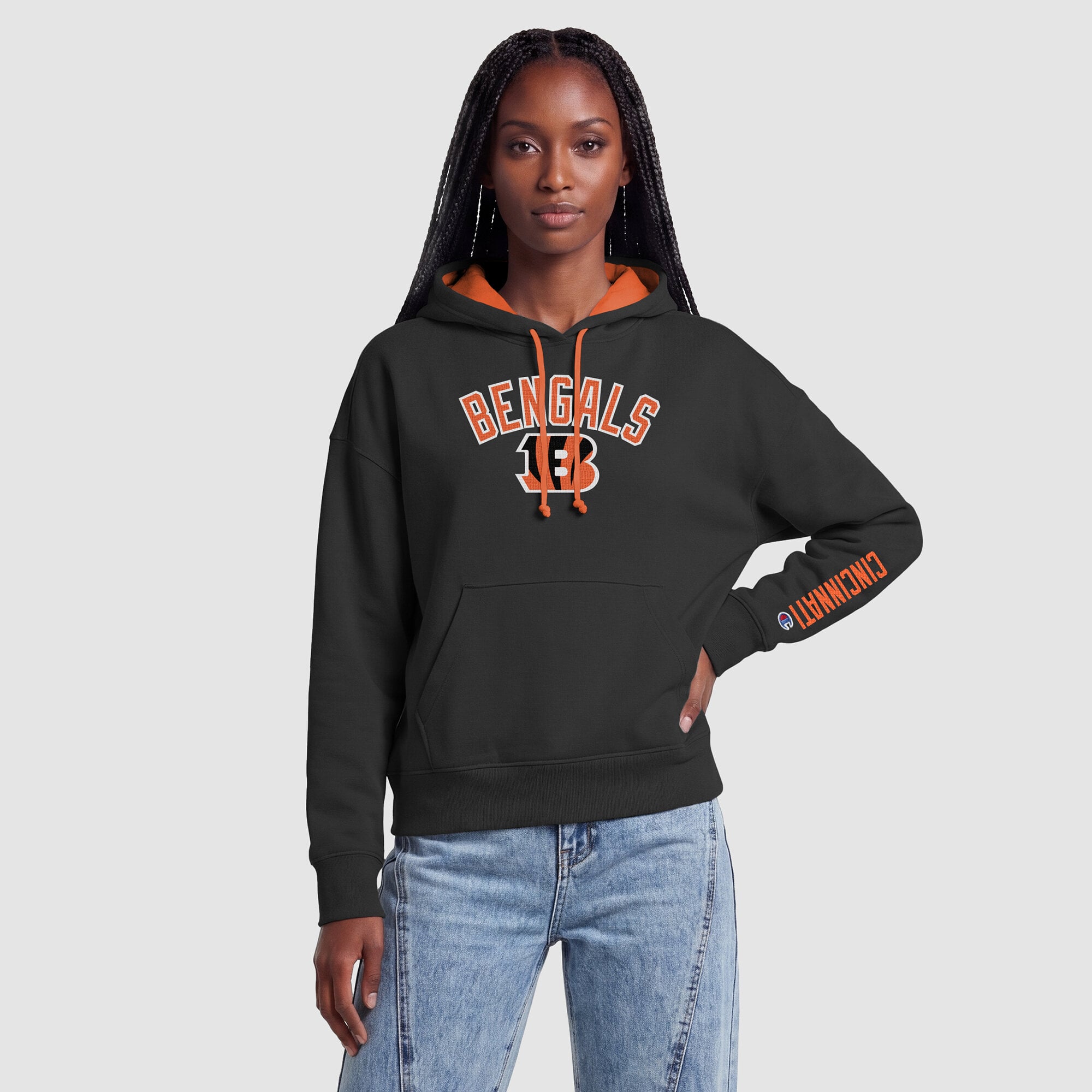 Sweat à capuche Champion noir et orange pour femme, doublure contrastée des Bengals de Cincinnati