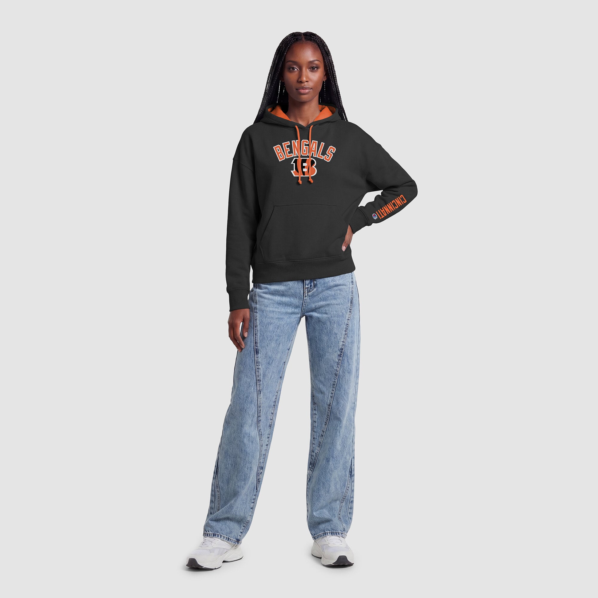 Sweat à capuche Champion noir et orange pour femme, doublure contrastée des Bengals de Cincinnati
