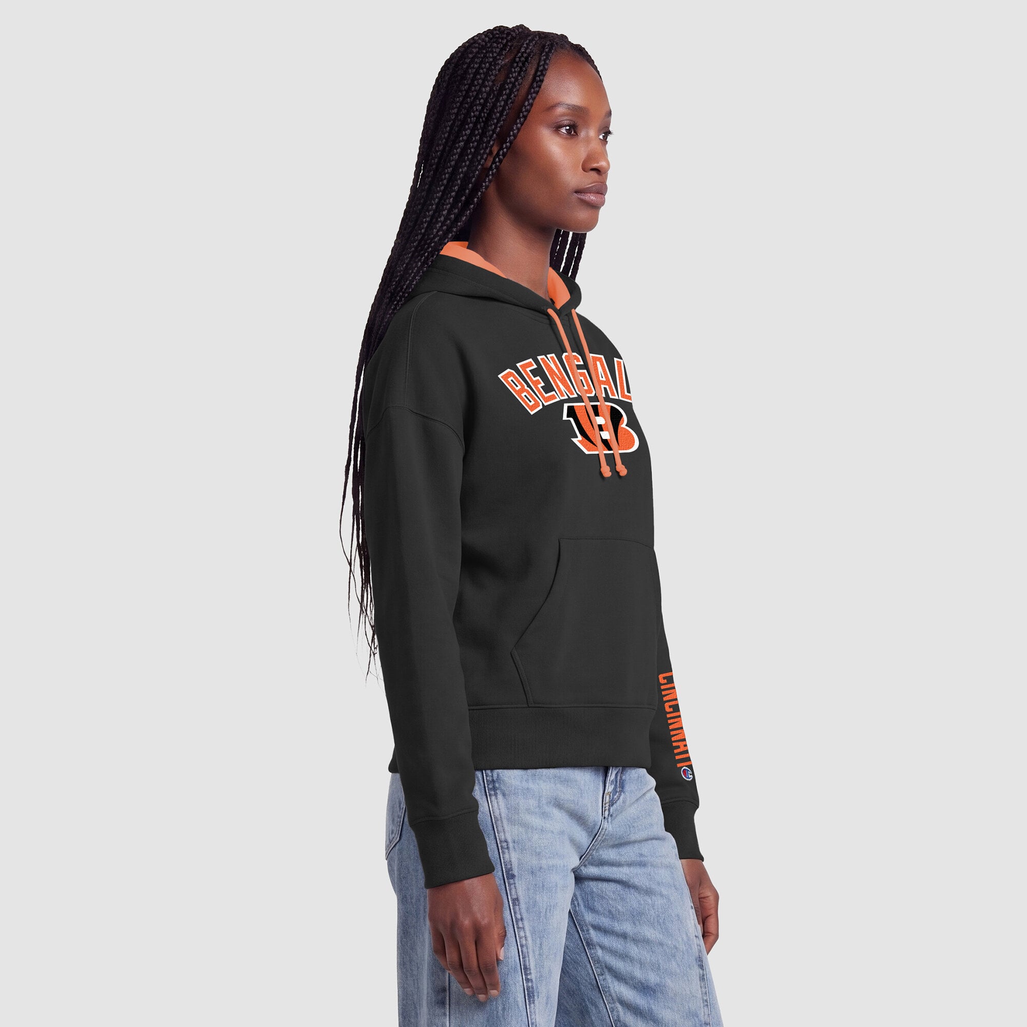 Sweat à capuche Champion noir et orange pour femme, doublure contrastée des Bengals de Cincinnati