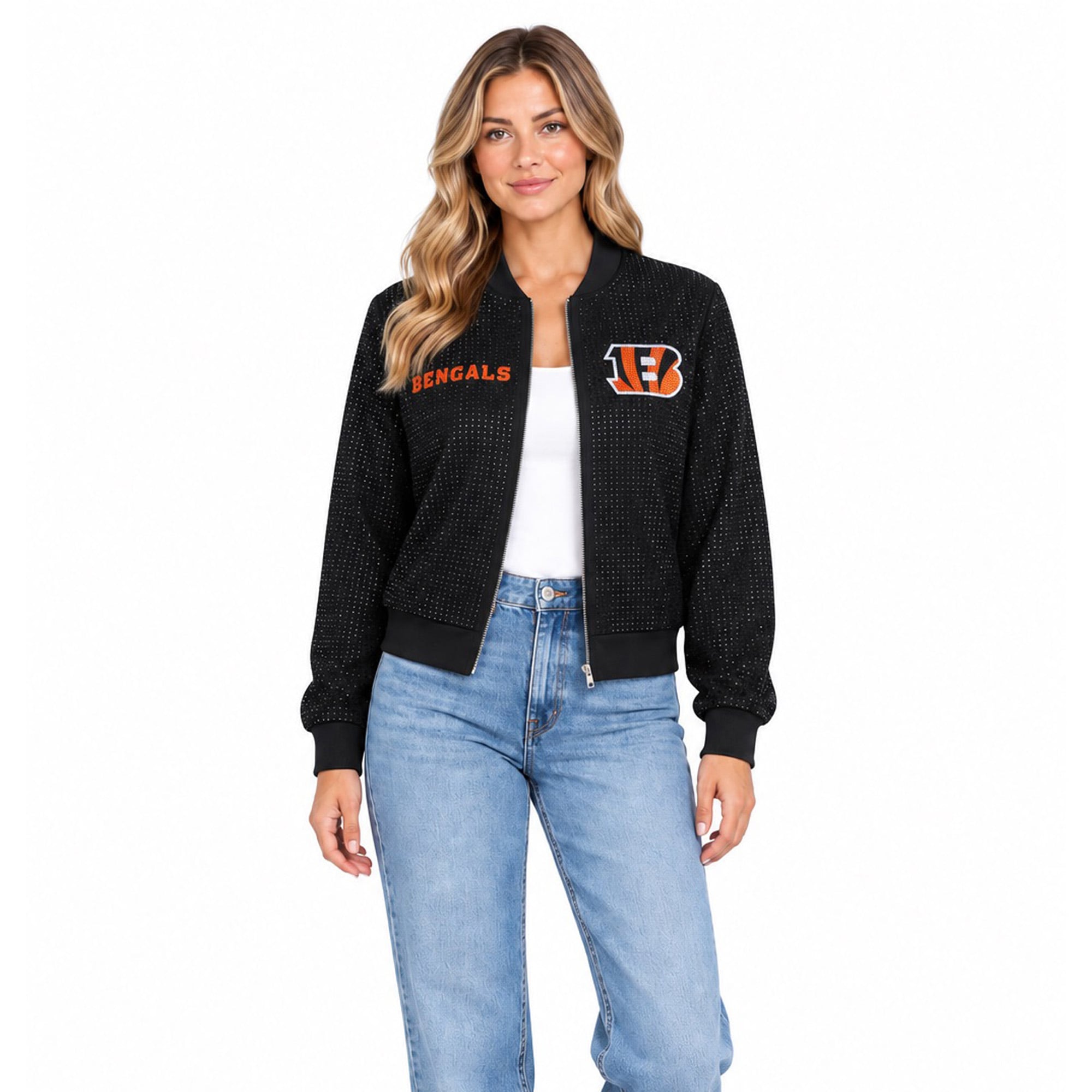 Veste bomber zippée intégrale FABGATING by Cuce noire à cristaux des Bengals de Cincinnati pour femmes