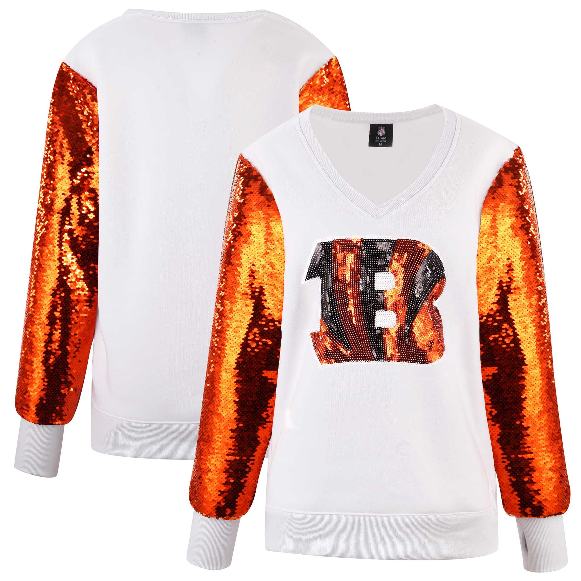 Sweat-shirt à manches en V et sequins FABGATING by Cuce pour femme, blanc, aux couleurs des Bengals de Cincinnati.