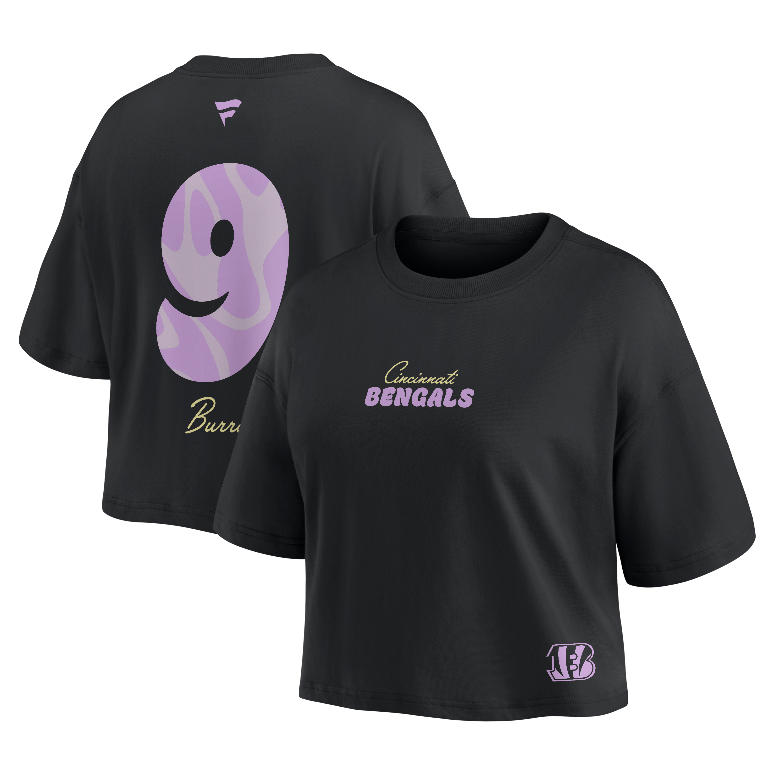 T-shirt court noir à l'effigie de Joe Burrow, des Bengals Cincinnati, pour femmes (Fanatics)