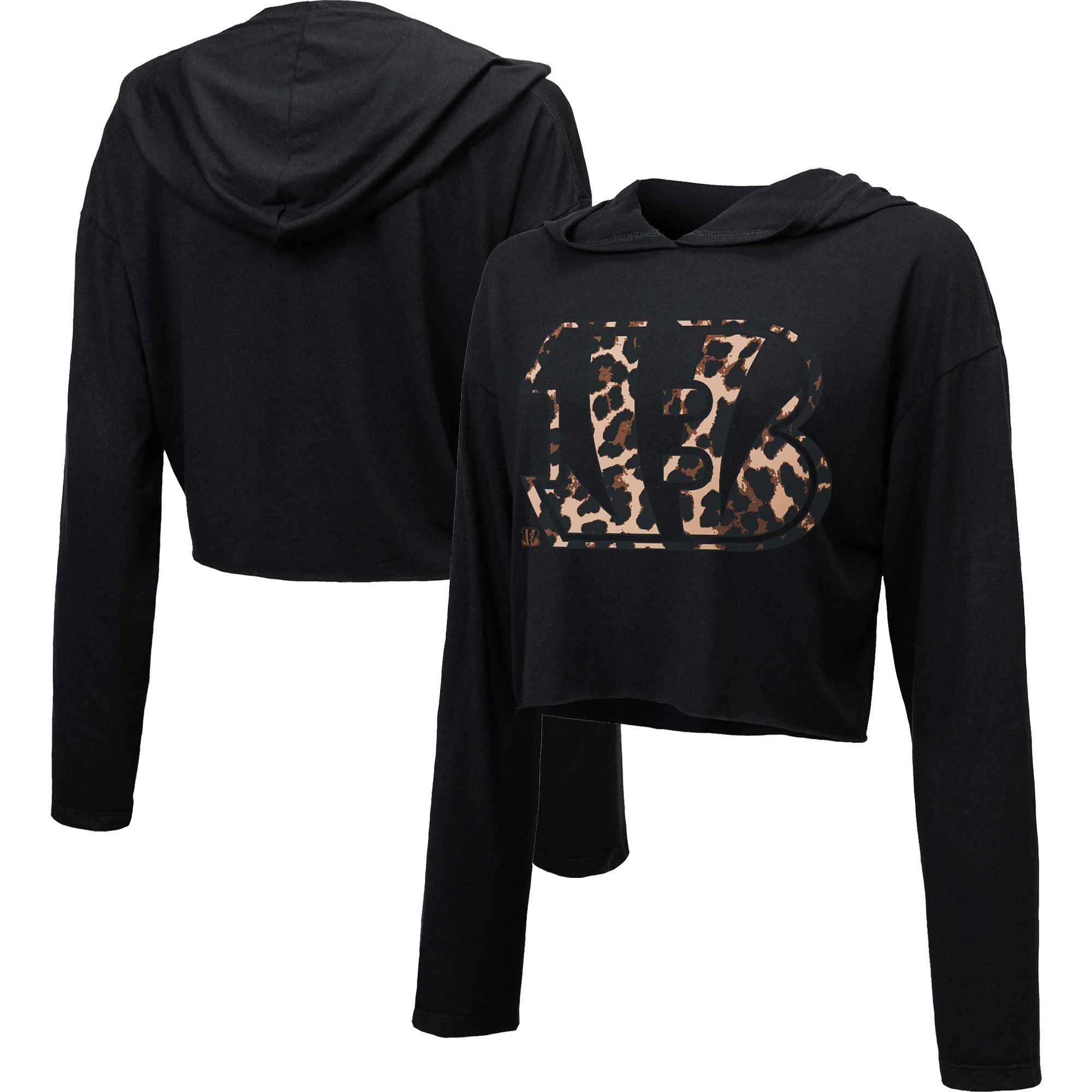 Women's Majestic Threads Black Cincinnati Bengals Leopard Cropped Pullover Hoodie