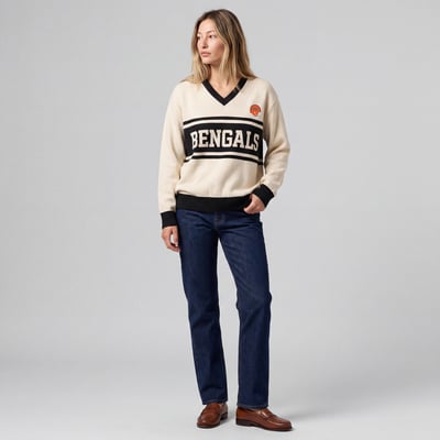 Cincinnati Bengals Mitchell & Ness Women's Retro Roots V-Neck Sweater - Cream/Black