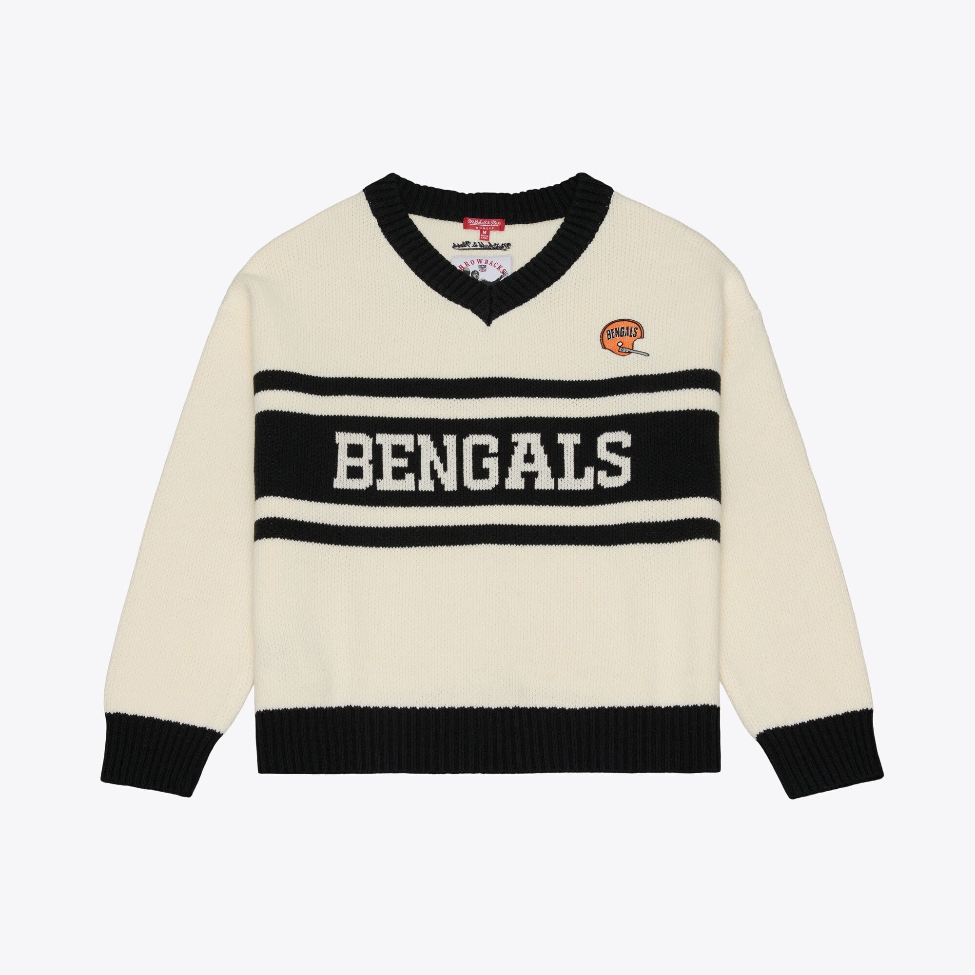 Pull à col en V Mitchell & Ness crème/noir Cincinnati Bengals Retro Roots pour femme